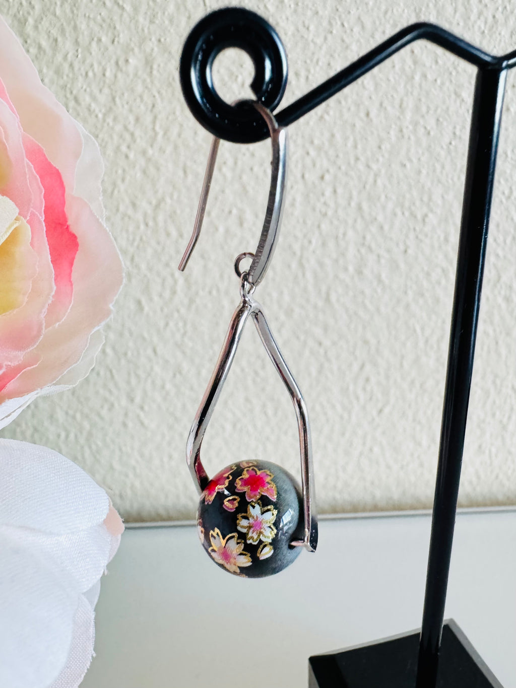 Japanese Tensha Beads Earrings - Black Sakura Floral | Stainless Steel Hooks