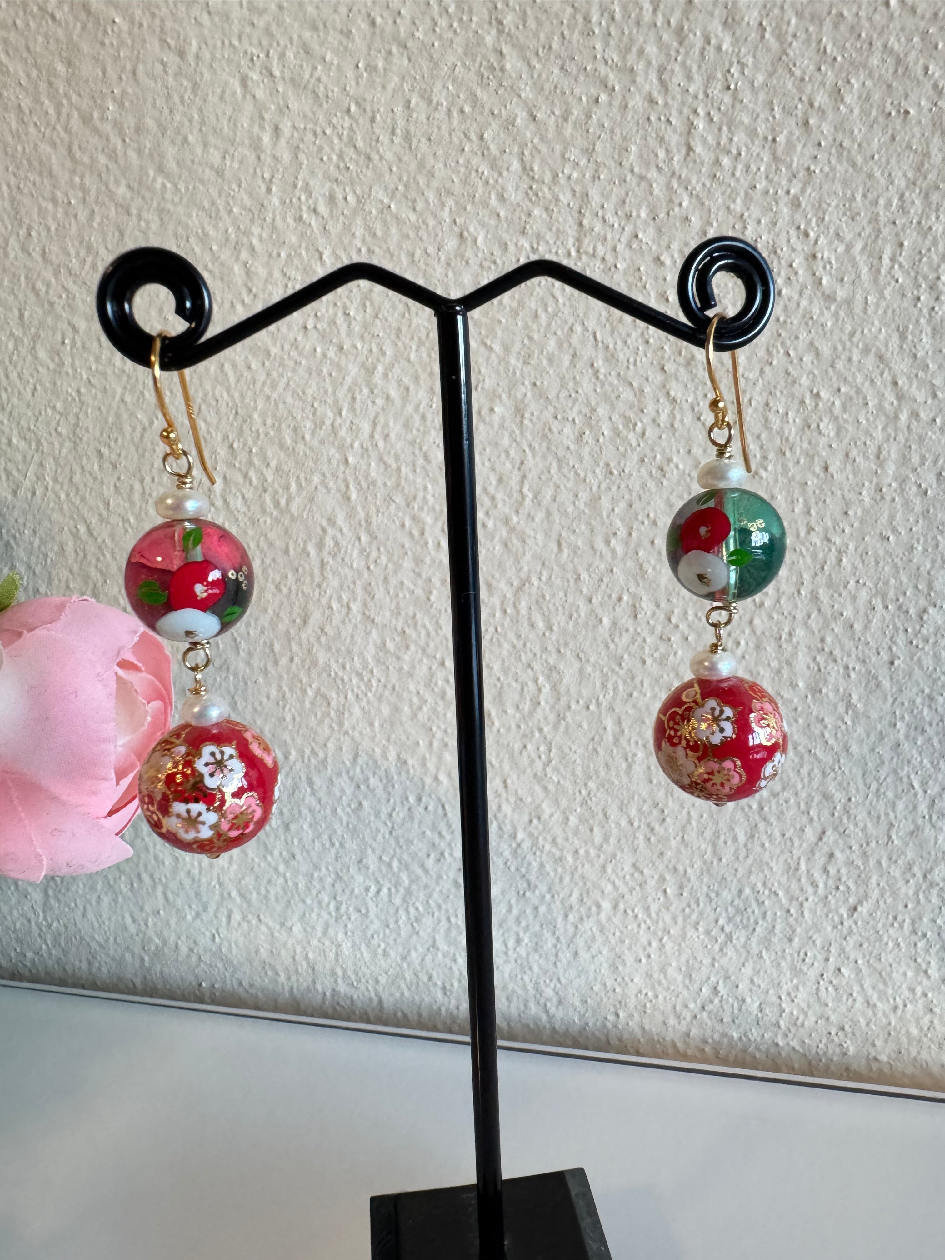 Japanese tensha beads and freshwater pearl earrings with sterling silver gold hooks