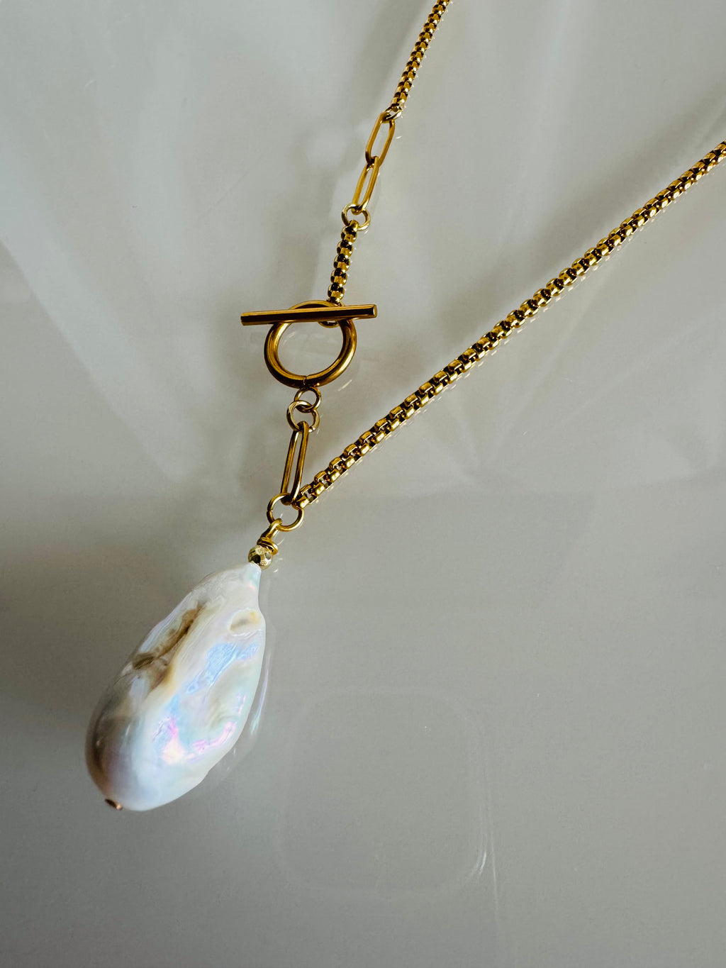 Handmade Baroque Pearl Toggle Necklace, Gold Stainless Steel Chain, Statement Jewellery