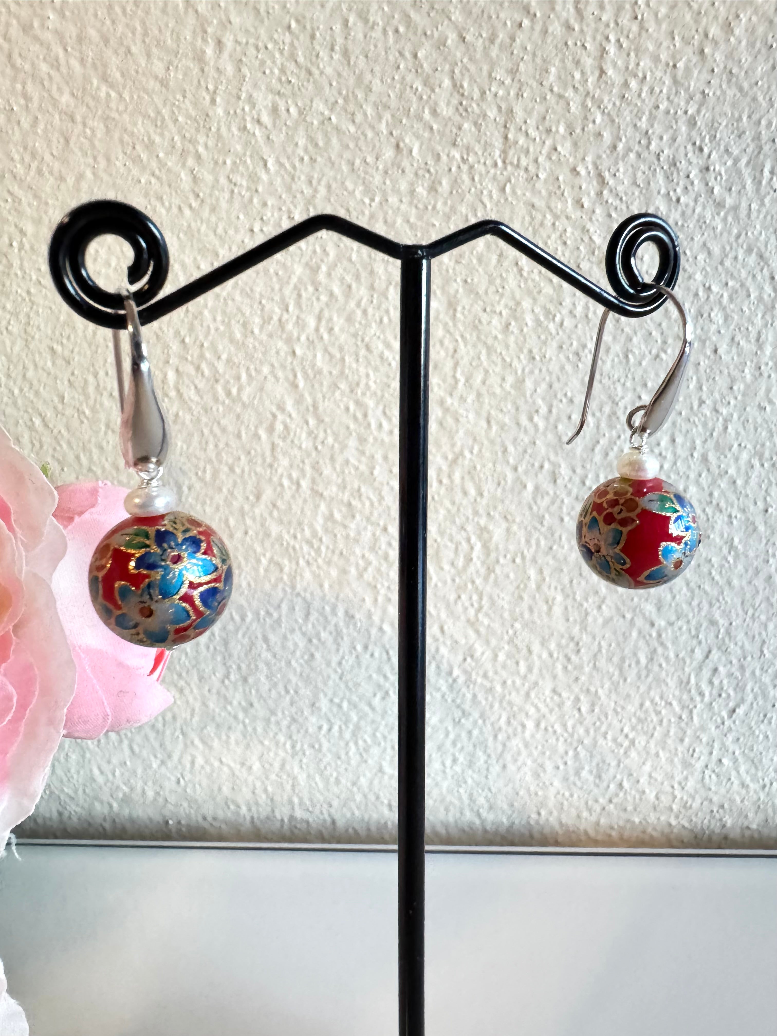 Sterling silver Japanese tensha beads and freshwater pearl earrings
