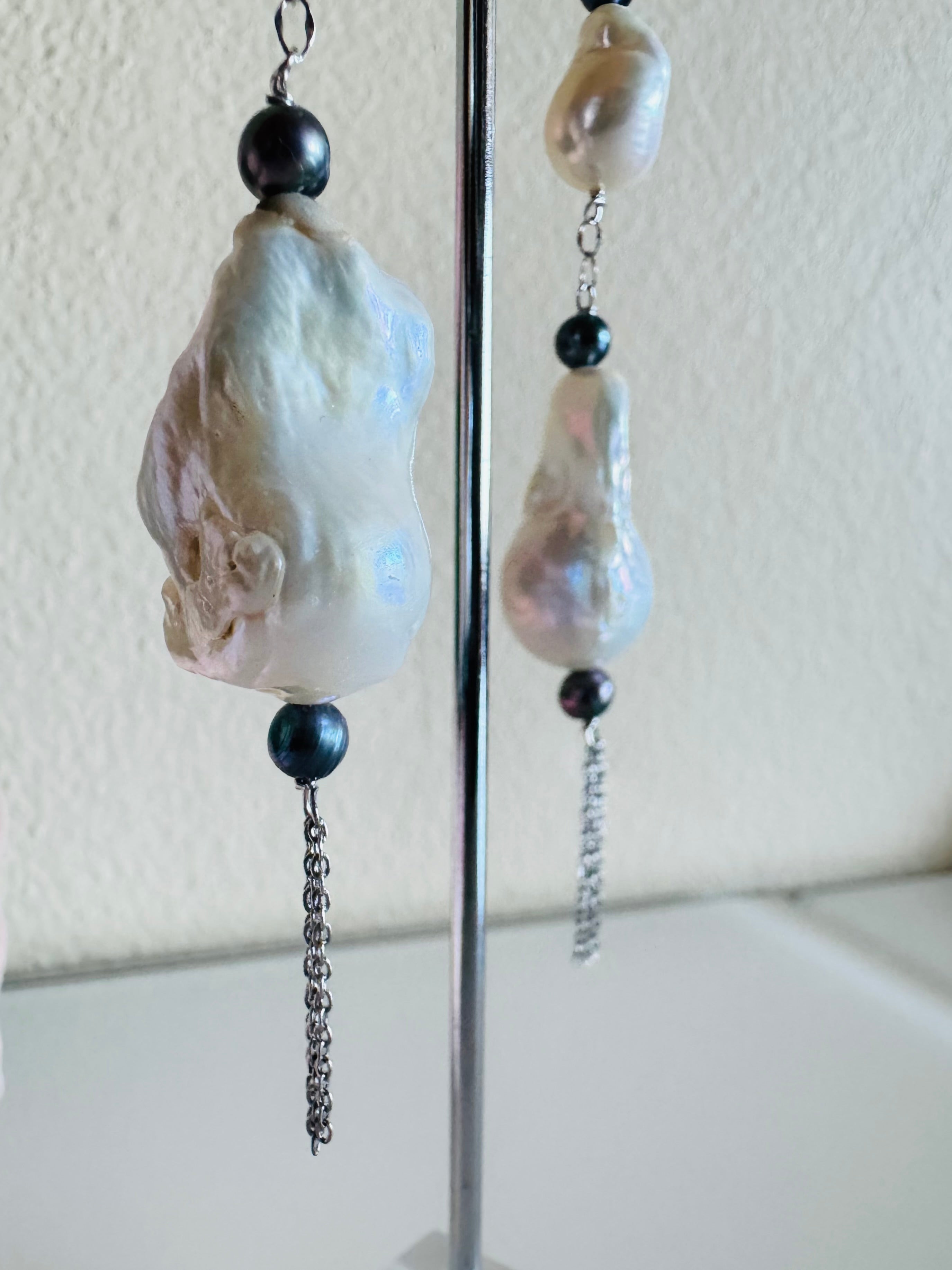 Large Freshwater Pearl Earrings with Sterling Silver Hooks and Surgical Stainless Settings and Chains
