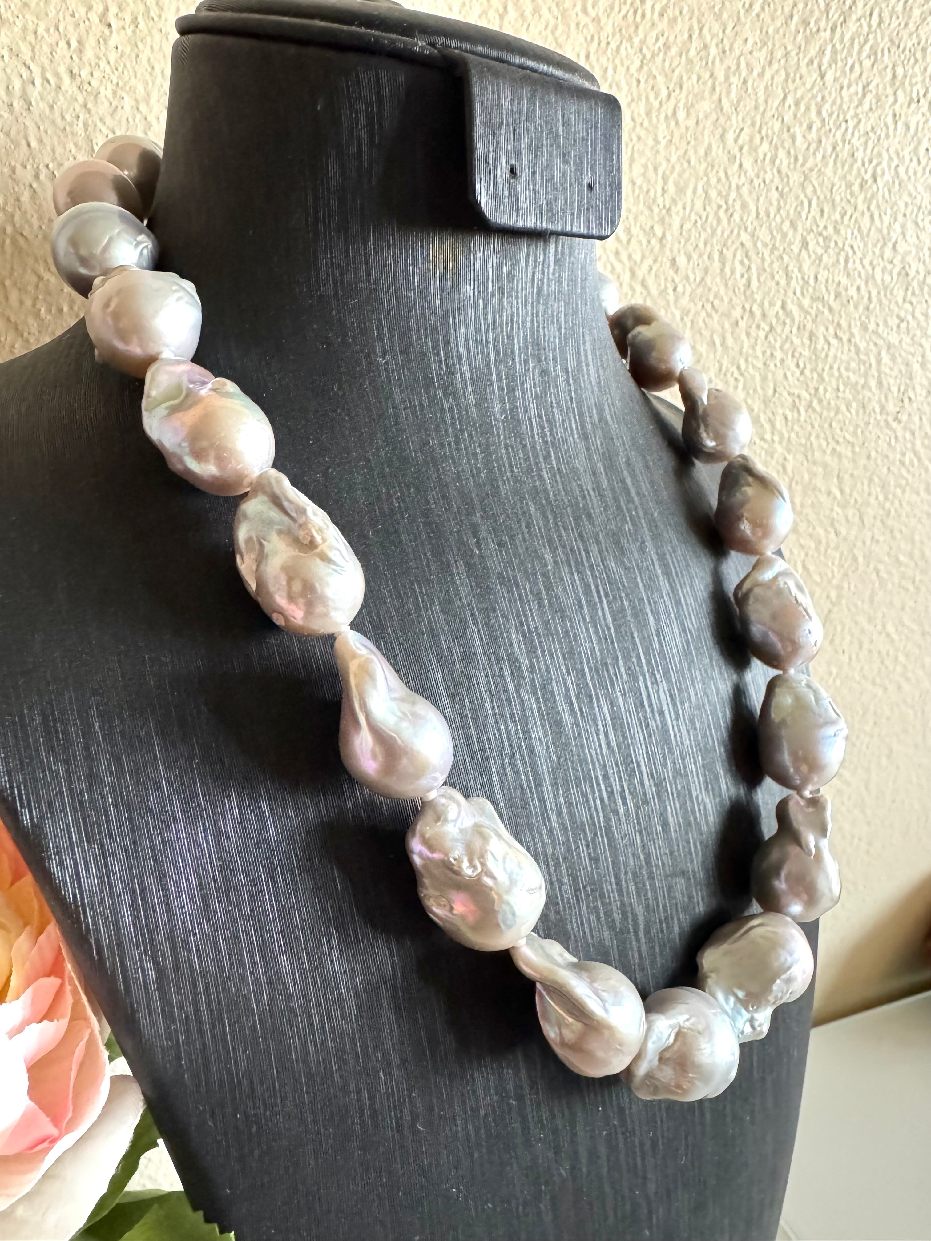Large Grey Colour Baroque Pearl Necklace, 925 Sterling Silver Puch Clasp, Genuine Pearl Jewelry, Handcrafted in Australia, Exclusive Gift