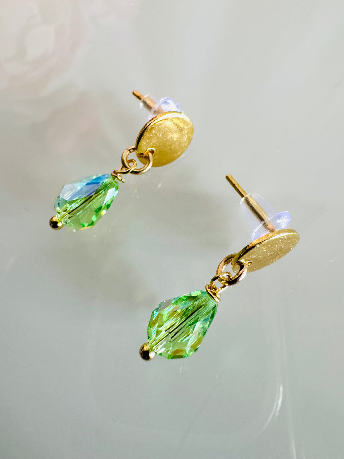 Peridot Green Crystal Drop Earrings, Swarovski Crystal & Surgical Stainless Gold Studs , Handmade in Australia
