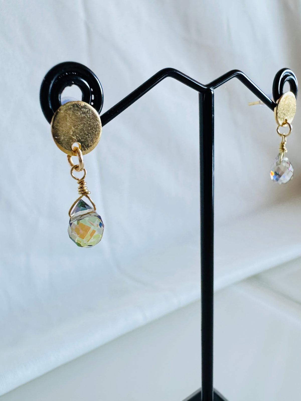 Handmade Crystal Drop Earrings, Green-Purple Briolette, Surgical Stainless Gold Studs (1.5g)
