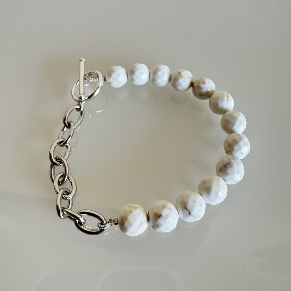 Howlite bracelet with starling silver clasps and stainless steel chain bracelet
