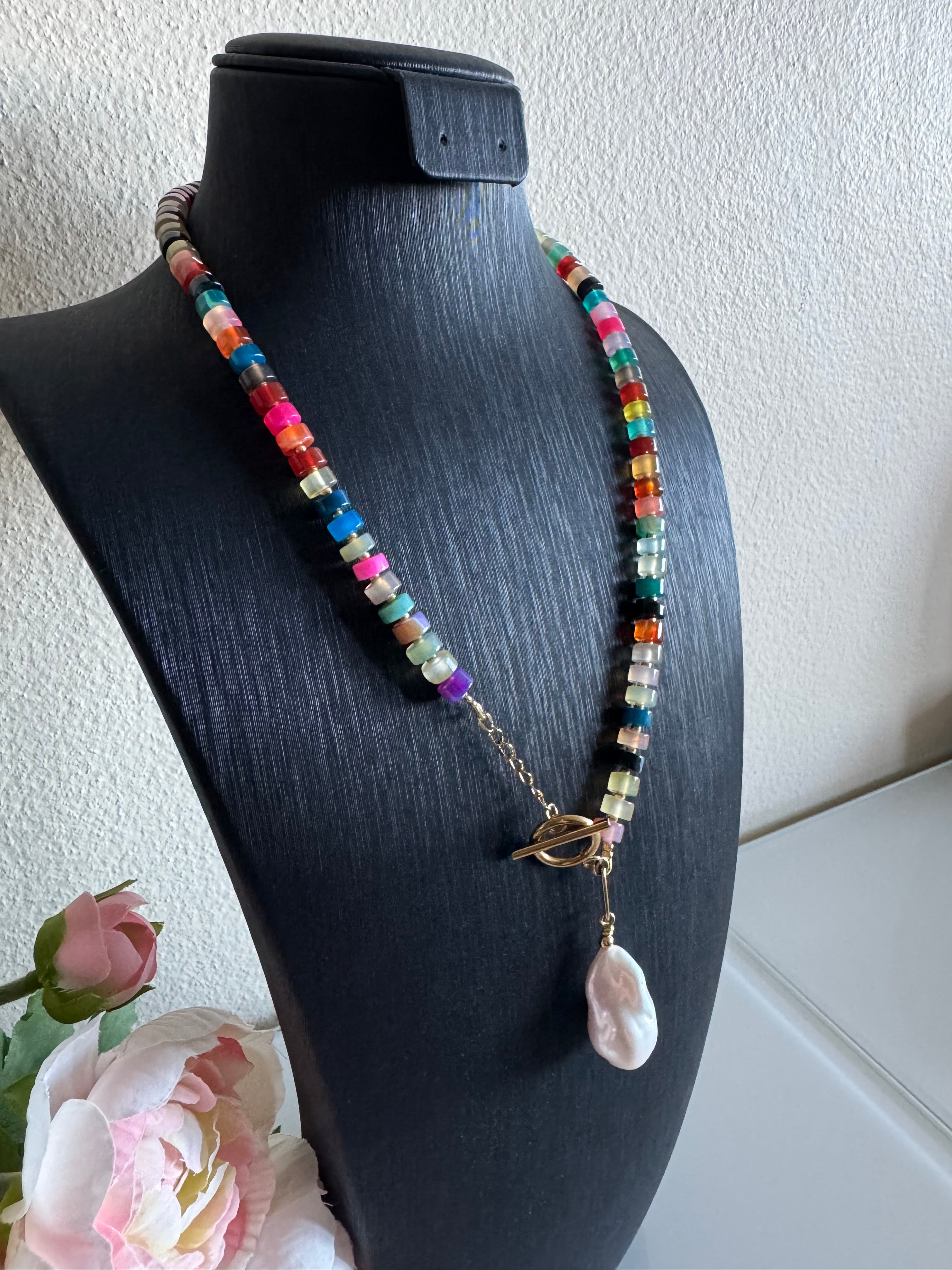 Multiple colours agate and natural freshwater baroque pearl necklace with stainless gold clasps(Tarnish free & waterproof)