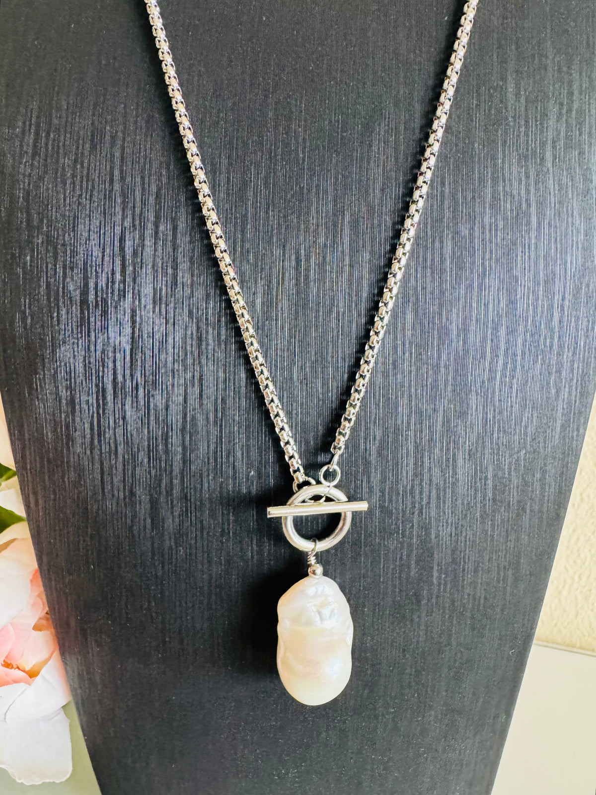 Handmade Freshwater Pearl Dangle Necklace, Surgical Stainless Steel Chain & Toggle, Tarnish Free Waterproof Jewellery, Minimalist