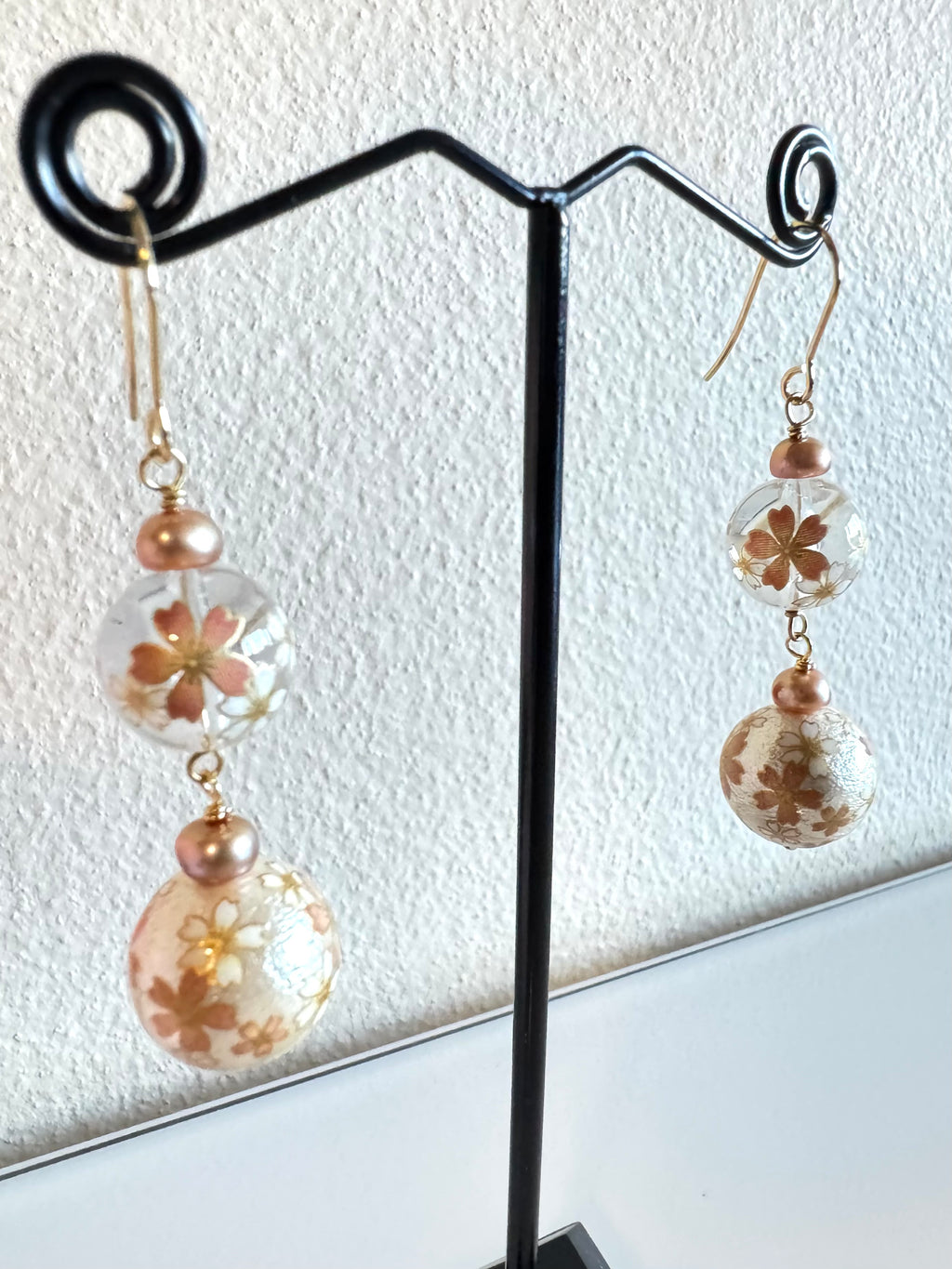Japanese tensha beads and freshwater golden pearl earrings with surgical stainless gold hooks
