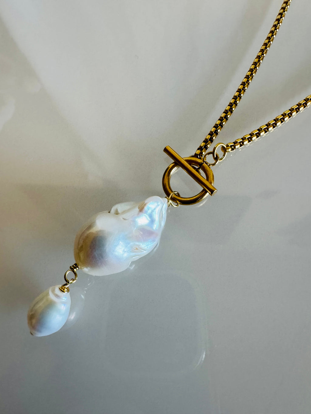 Handmade Baroque Pearl Toggle Necklace, Surgical Stainless Steel Chain, Minimalist Jewellery