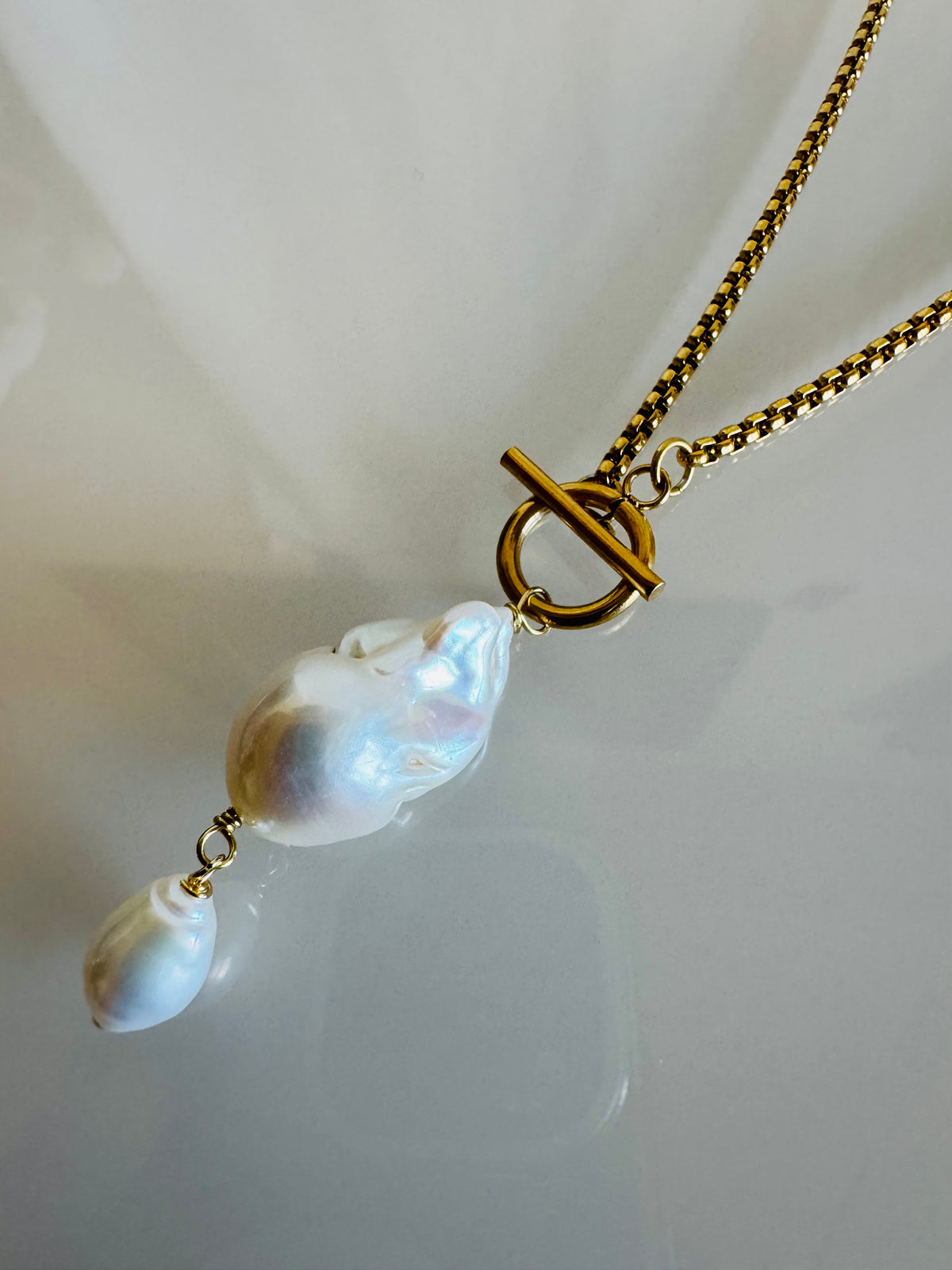 Handmade Baroque Pearl Toggle Necklace, Surgical Stainless Steel Chain, Minimalist Jewellery