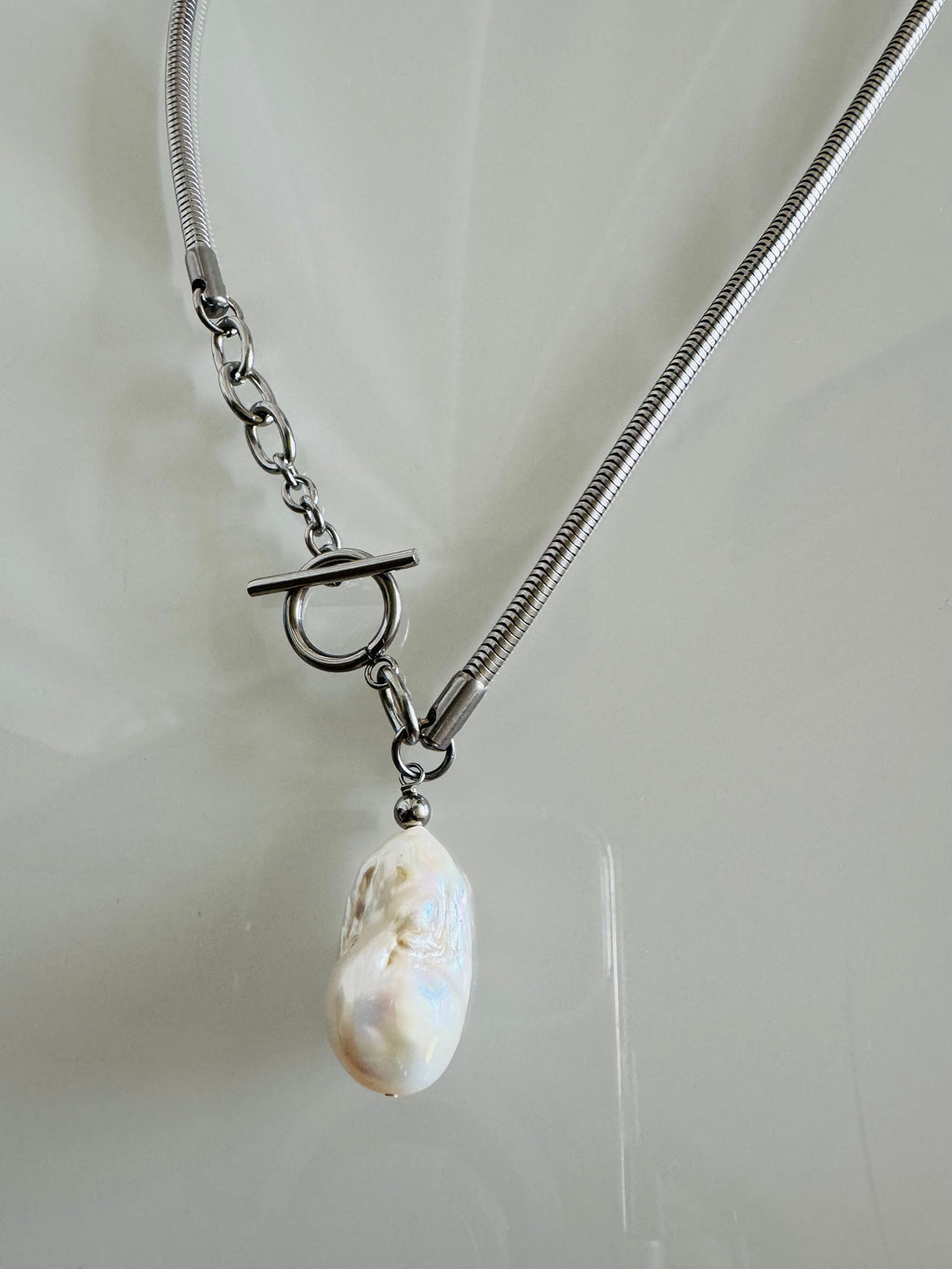 Handmade Baroque Pearl Toggle Necklace, Surgical Stainless Steel Chain, Statement Jewellery