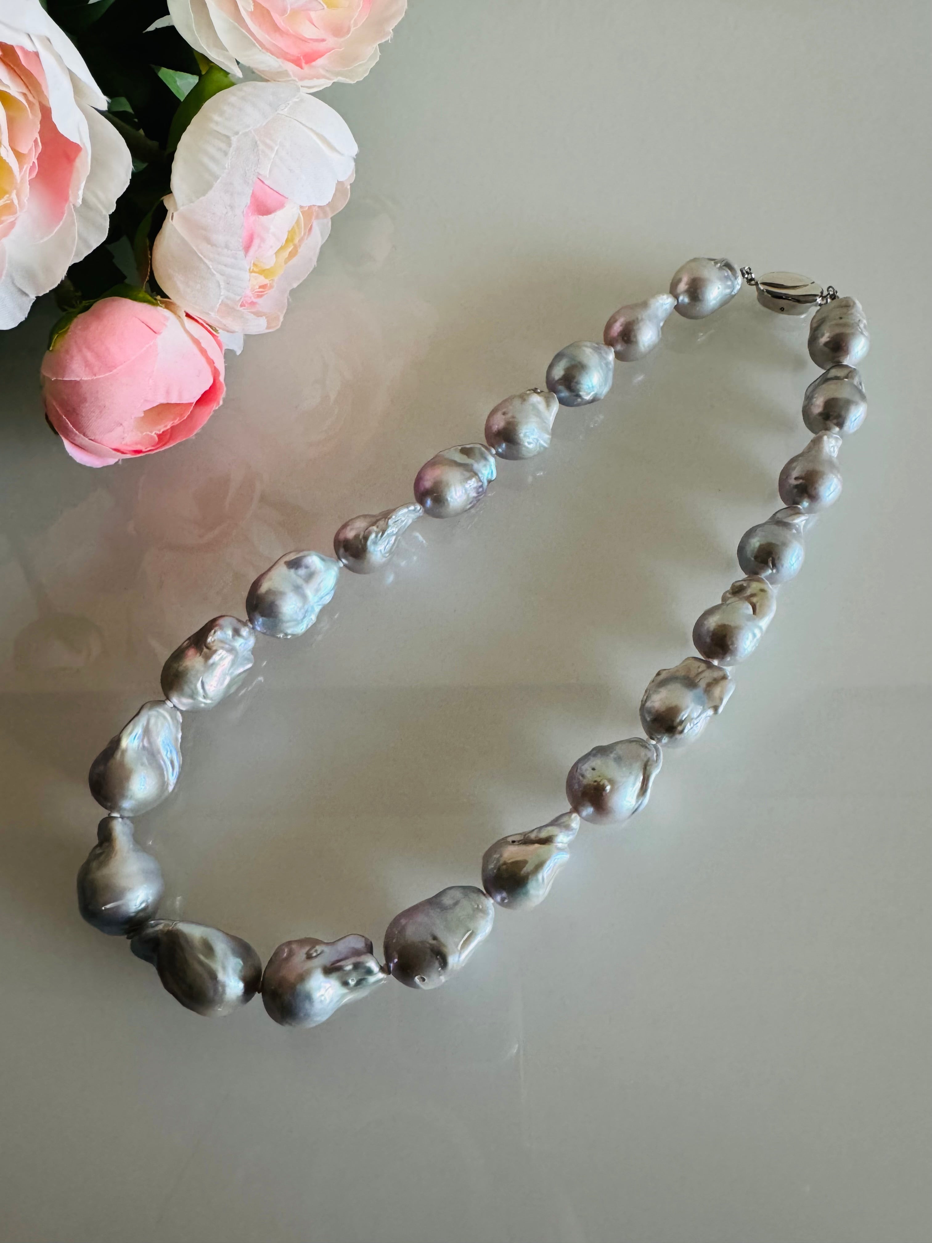 Large Grey Colour Baroque Pearl Necklace, 925 Sterling Silver Puch Clasp, Genuine Pearl Jewelry, Handcrafted in Australia, Exclusive Gift