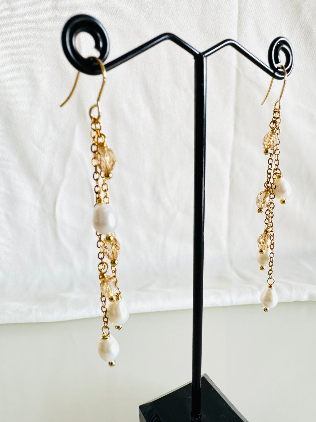 Teardrop Freshwater Pearl & Swarovski Crystal Earrings – Surgical Stainless Gold, Long Drop