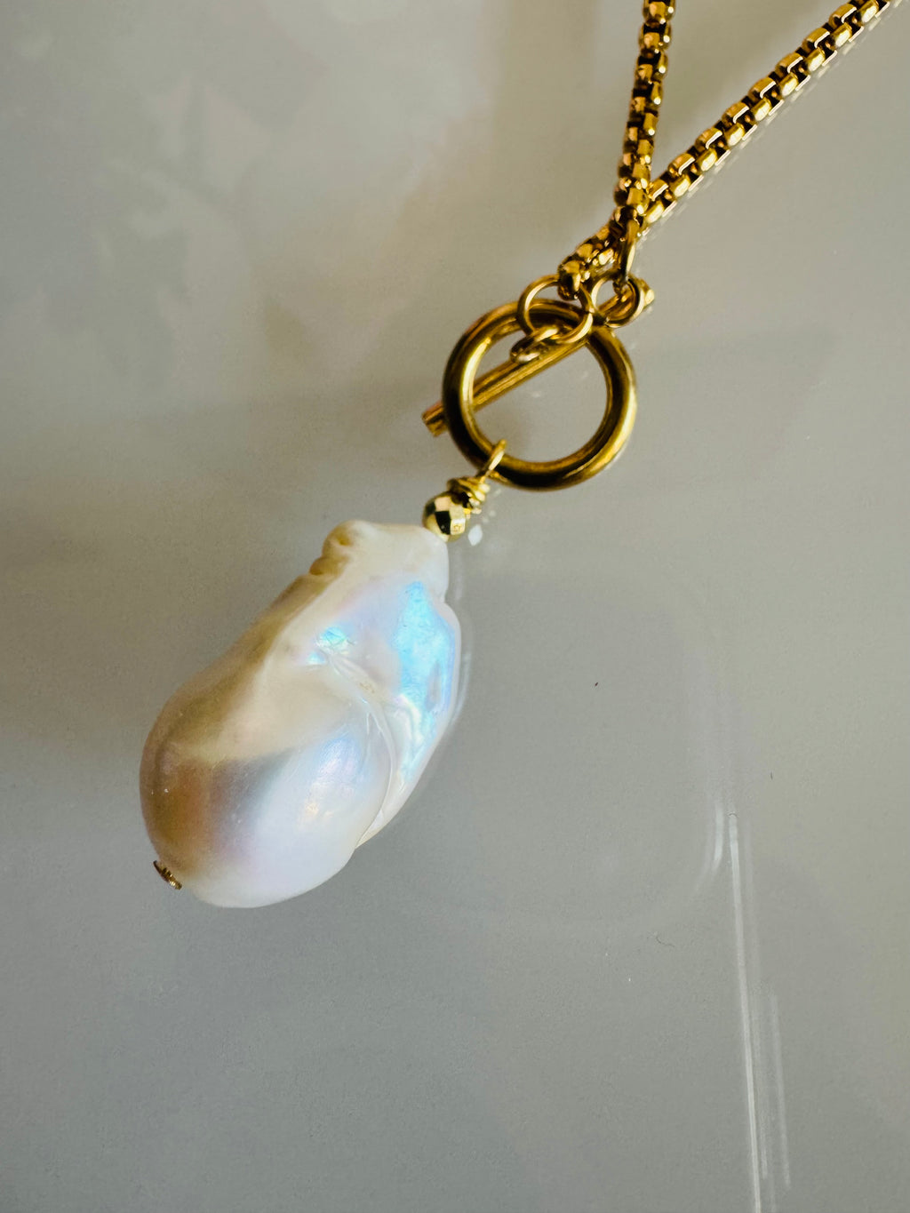 Handmade Freshwater Pearl Dangle Necklace, Gold Surgical Stainless Steel Chain & Toggle, Tarnish Free Waterproof Jewellery, Minimalist