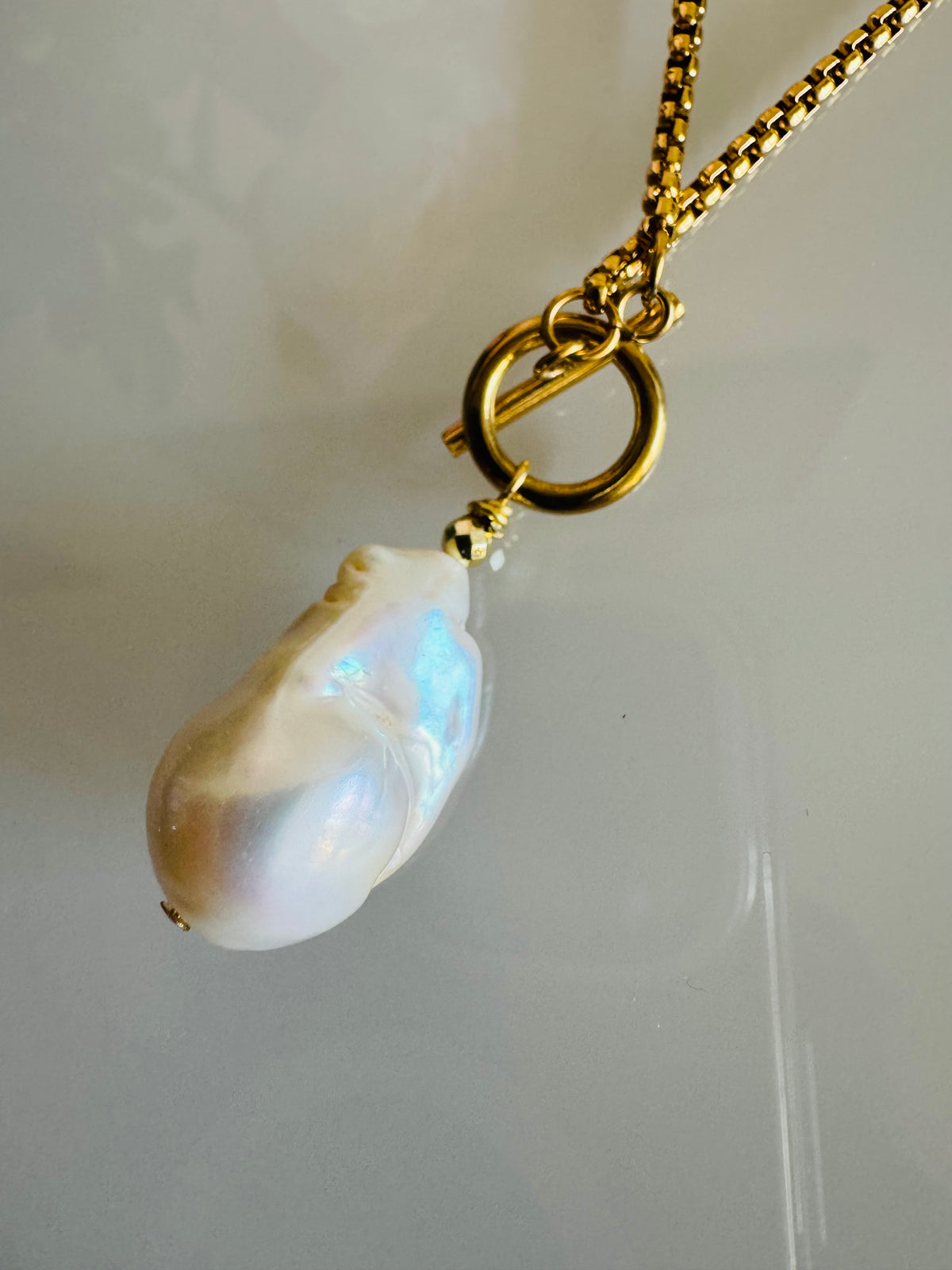 Handmade Freshwater Pearl Dangle Necklace, Gold Surgical Stainless Steel Chain & Toggle, Tarnish Free Waterproof Jewellery, Minimalist