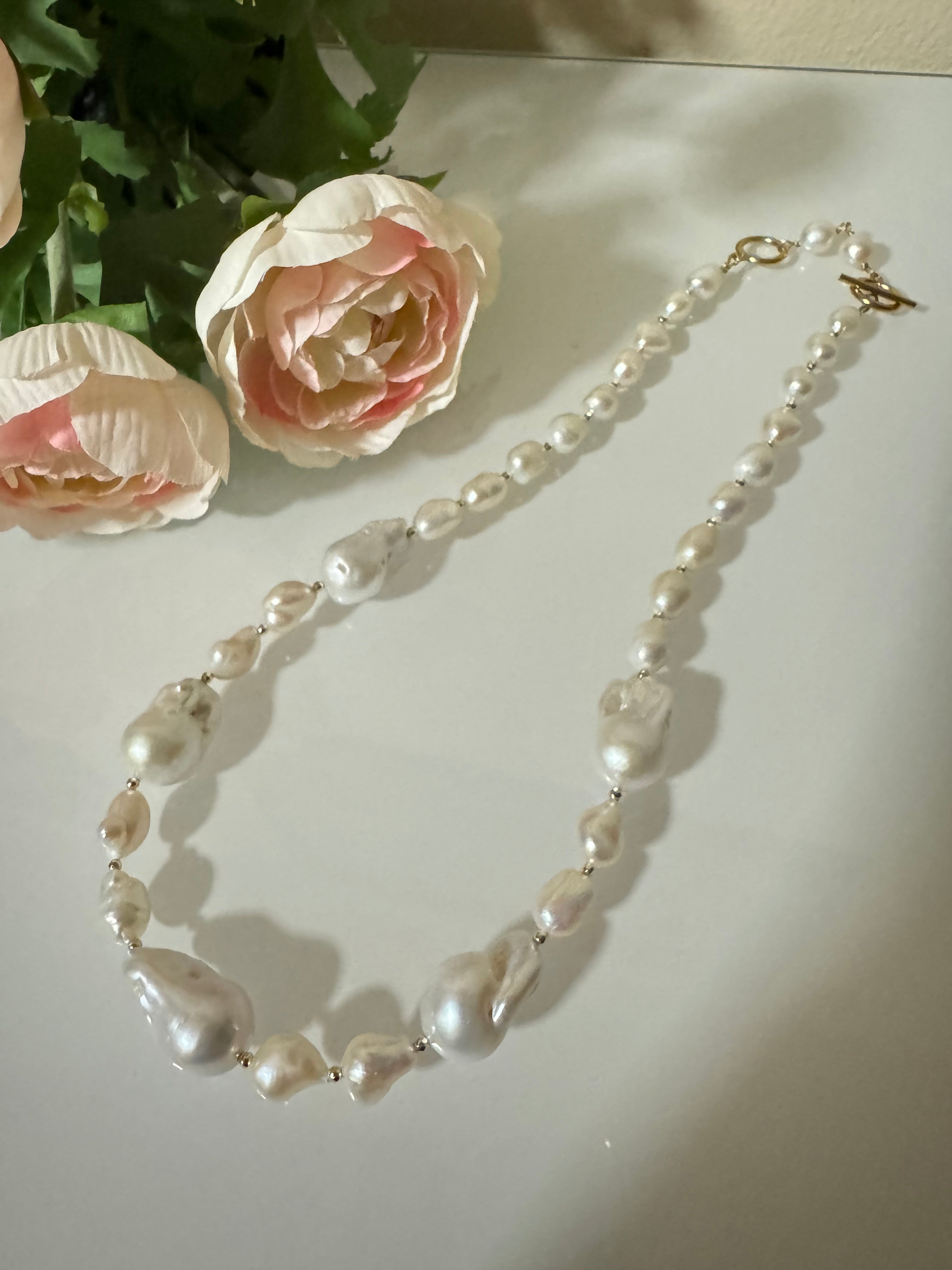 Freshwater baroque pearl golden hematite beads necklace with stainless gold clasps