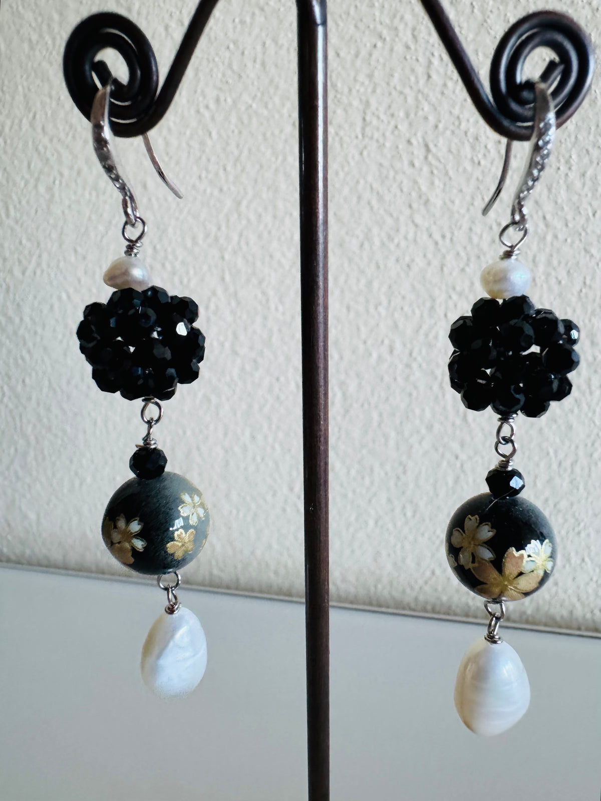 Japanese Tensha Bead Earrings, Sterling Silver Freshwater Pearl Dangle Earrings, Crystal Beads Ball, Handmade Floral Drop Jewellery