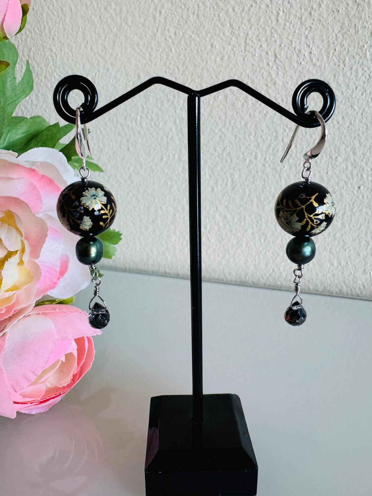 Japanese Tensha Bead Earrings, Sterling Silver Freshwater Black Pearl Dangle Earrings, Crystal Glass, Handmade Floral Drop Jewellery