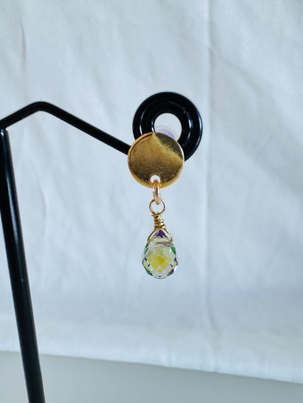 Handmade Crystal Drop Earrings, Green-Purple Briolette, Surgical Stainless Gold Studs (1.5g)