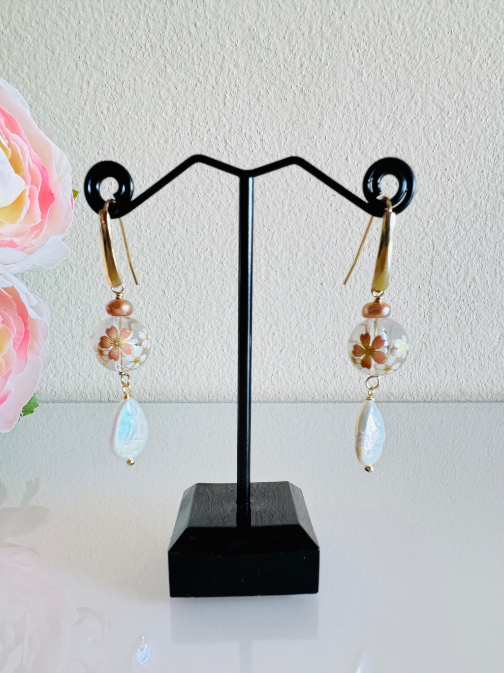 Japanese Tensha Beads Freshwater White Drop and Golden Pearls with Surgical Stainless Gold Hook Earrings