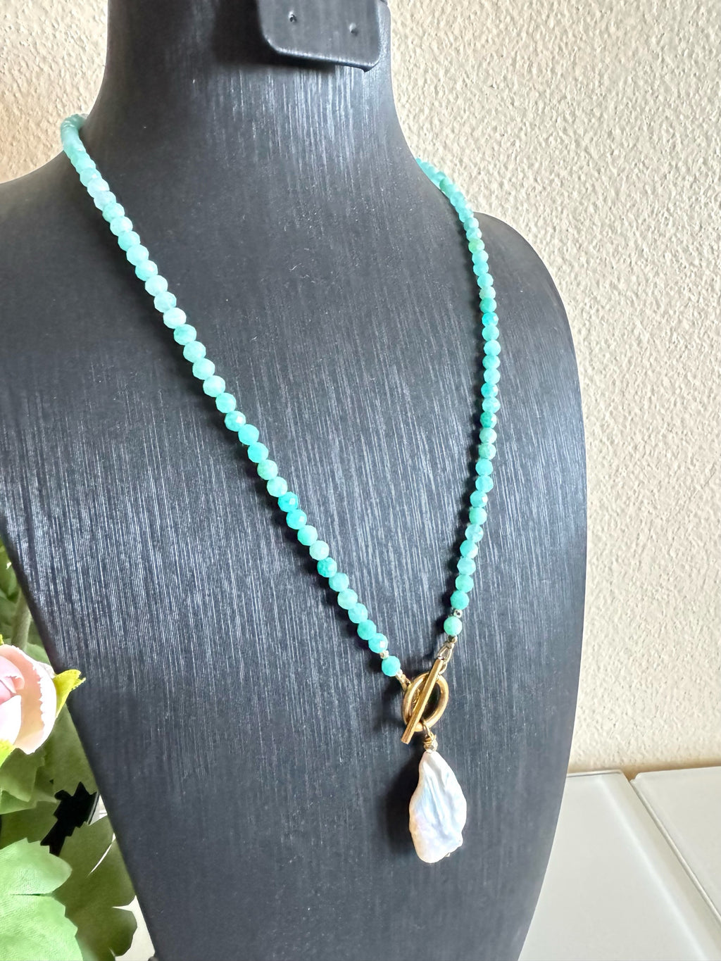 Amazonite and freshwater pearl necklace with stainless gold clasps
