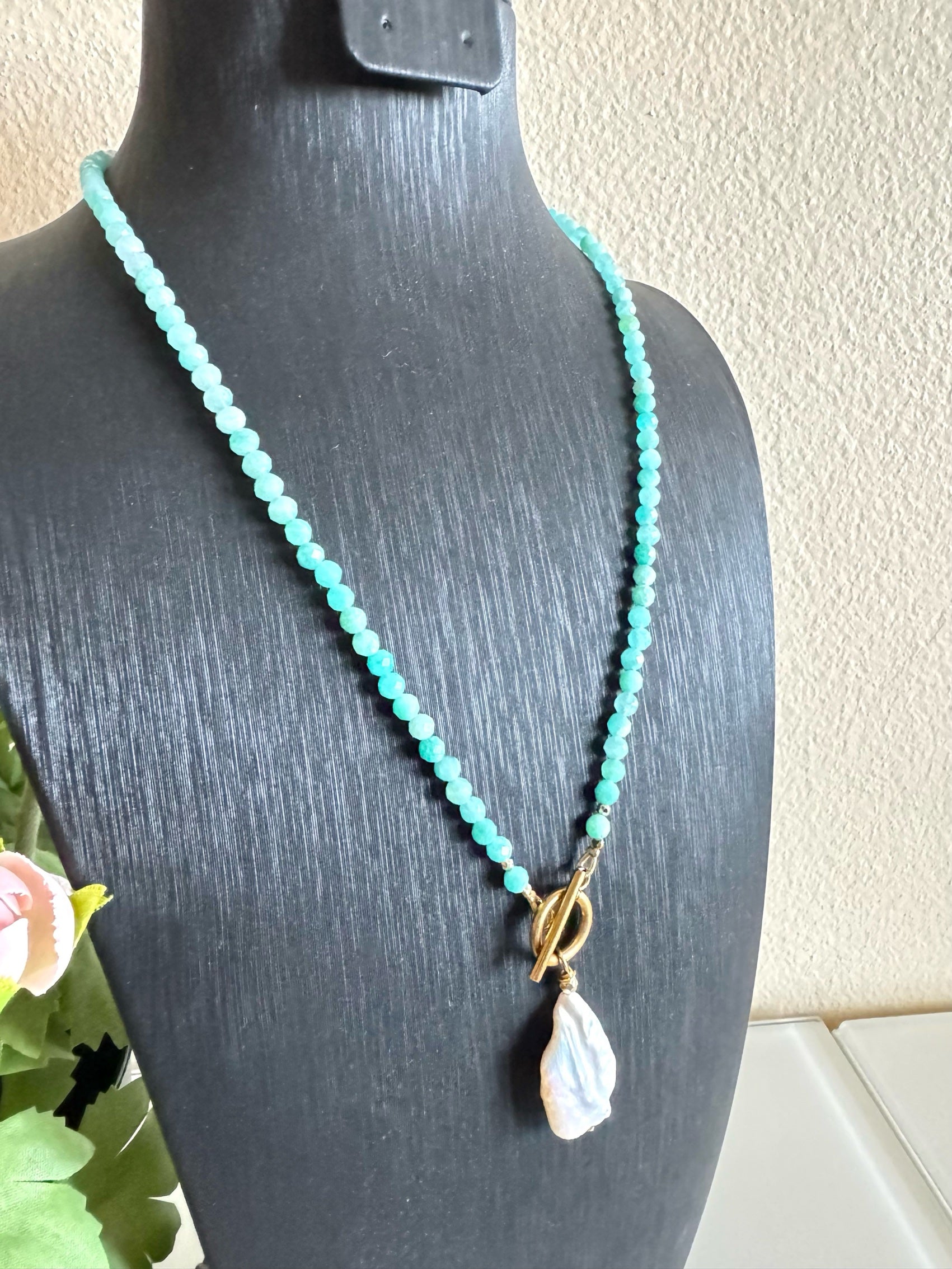 Amazonite and freshwater pearl necklace with stainless gold clasps