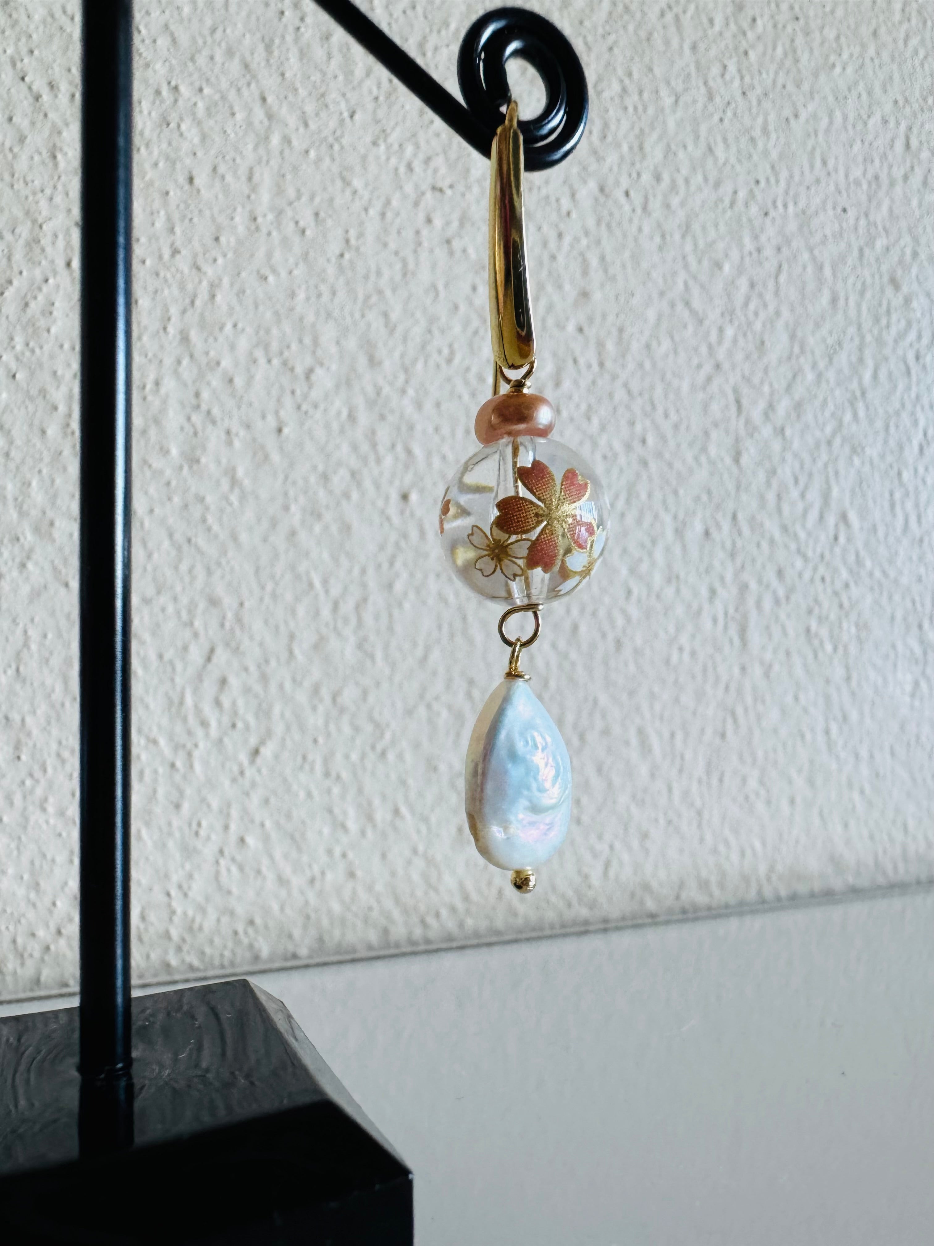 Japanese Tensha Beads Freshwater White Drop and Golden Pearls with Surgical Stainless Gold Hook Earrings