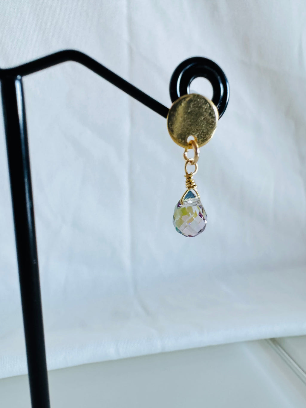 Handmade Crystal Drop Earrings, Green-Purple Briolette, Surgical Stainless Gold Studs (1.5g)