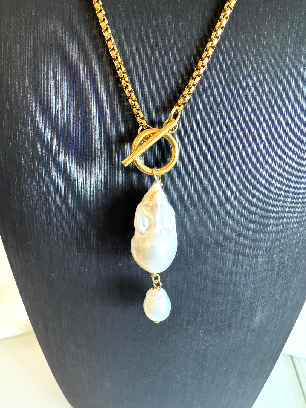 Handmade Baroque Pearl Toggle Necklace, Surgical Stainless Steel Chain, Minimalist Jewellery