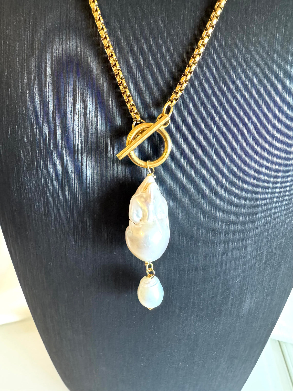 Handmade Baroque Pearl Toggle Necklace, Surgical Stainless Steel Chain, Minimalist Jewellery