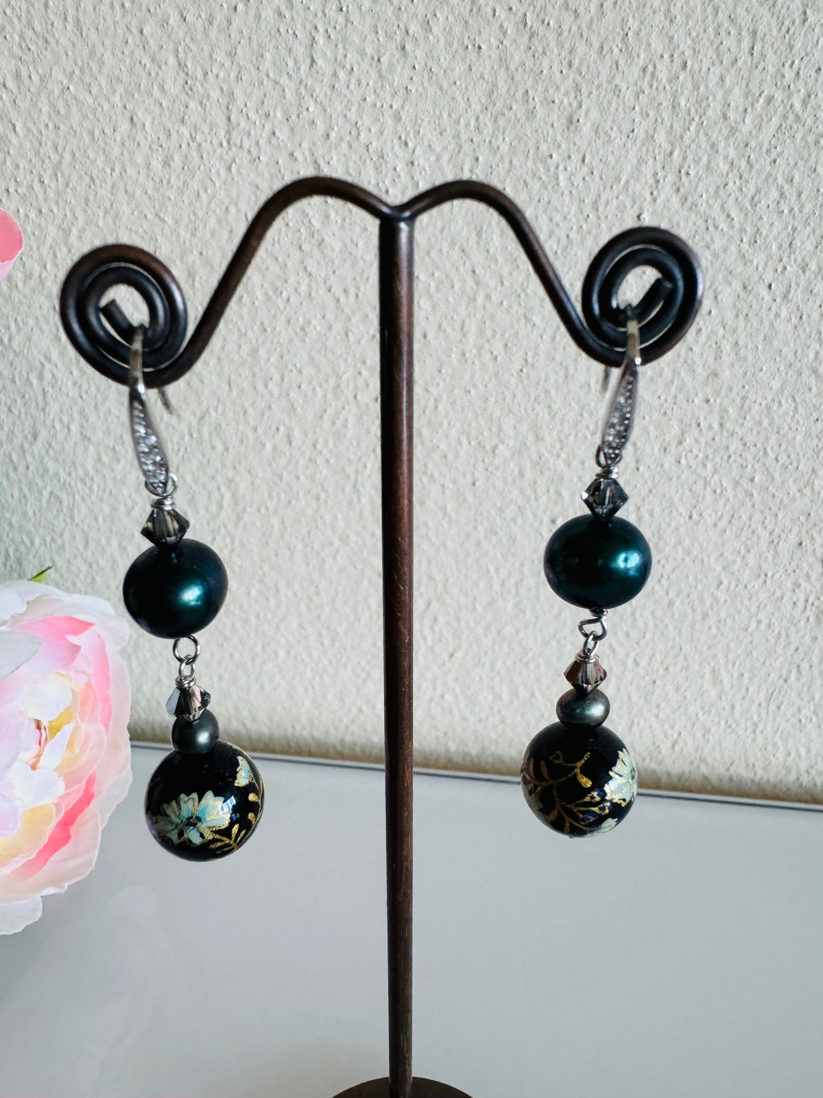 Japanese Tensha Bead Earrings, Sterling Silver Freshwater Black Pearl Dangle Earrings, Swarovski Crystal, Handmade Floral Drop Jewellery