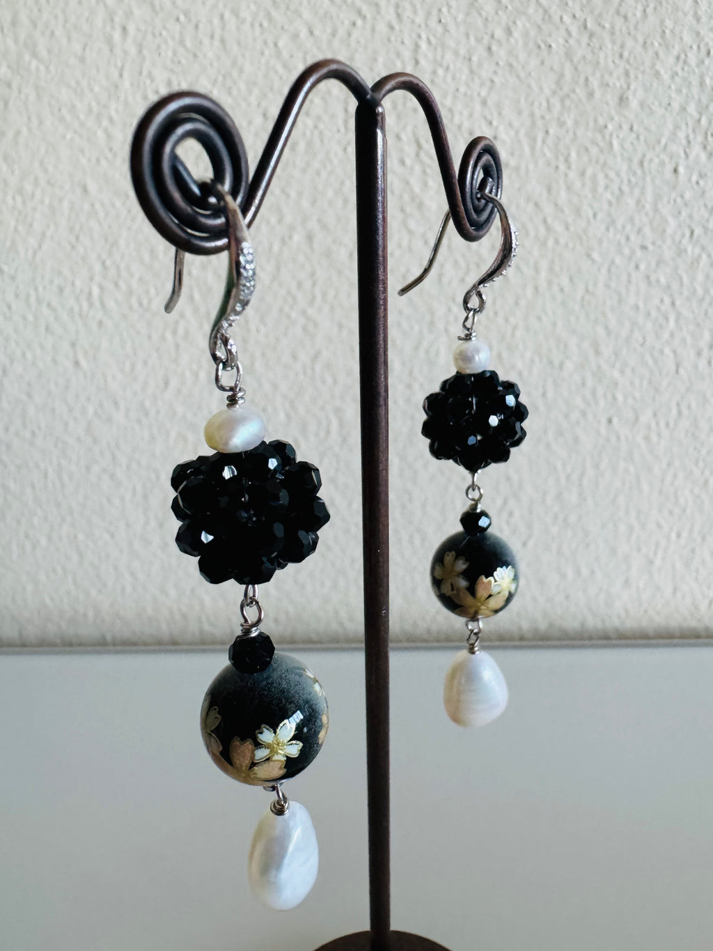 Japanese Tensha Bead Earrings, Sterling Silver Freshwater Pearl Dangle Earrings, Crystal Beads Ball, Handmade Floral Drop Jewellery