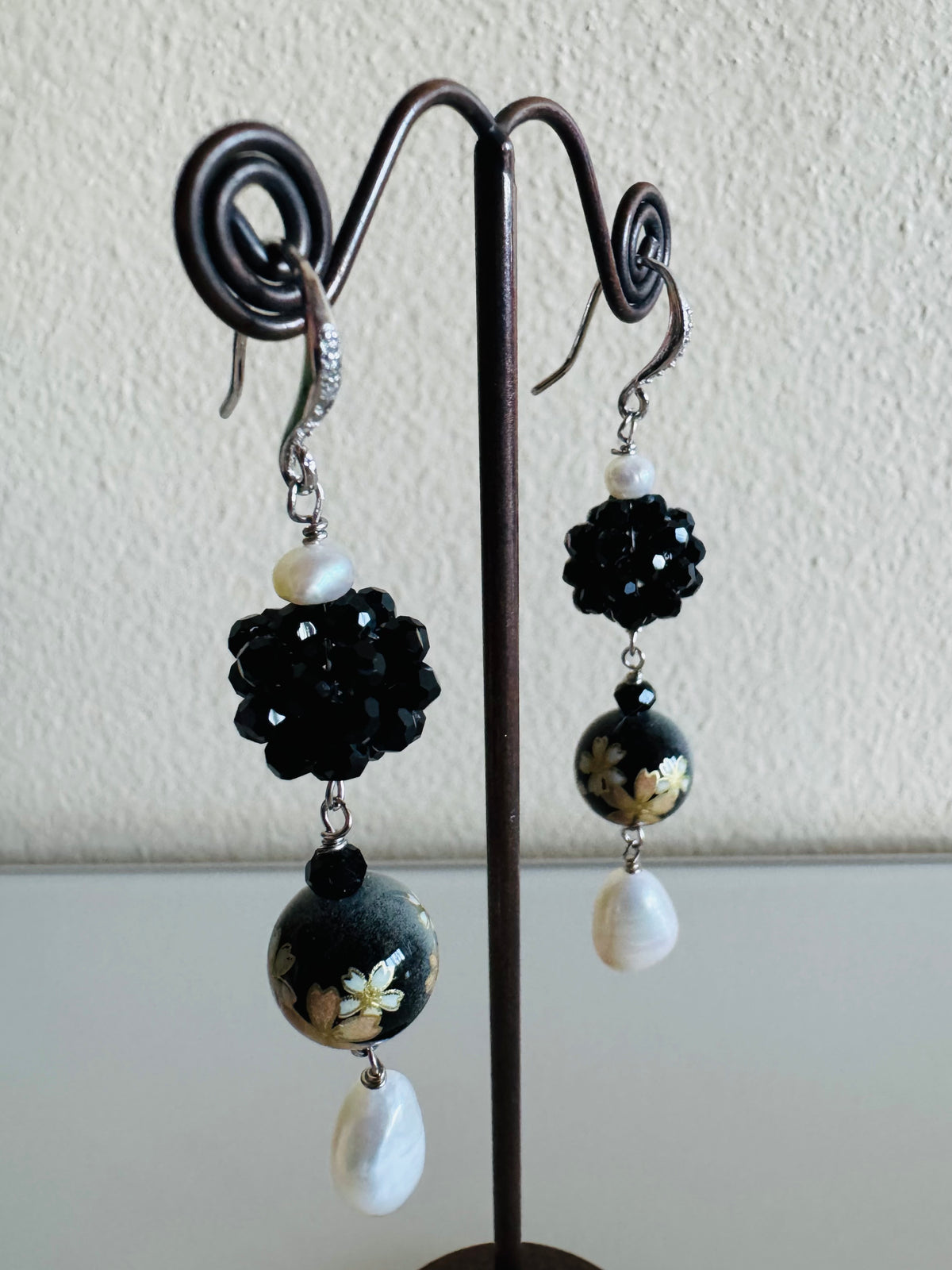 Japanese Tensha Bead Earrings, Sterling Silver Freshwater Pearl Dangle Earrings, Crystal Beads Ball, Handmade Floral Drop Jewellery