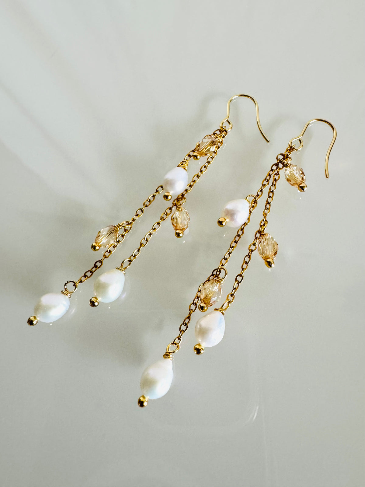 Teardrop Freshwater Pearl & Swarovski Crystal Earrings – Surgical Stainless Gold, Long Drop