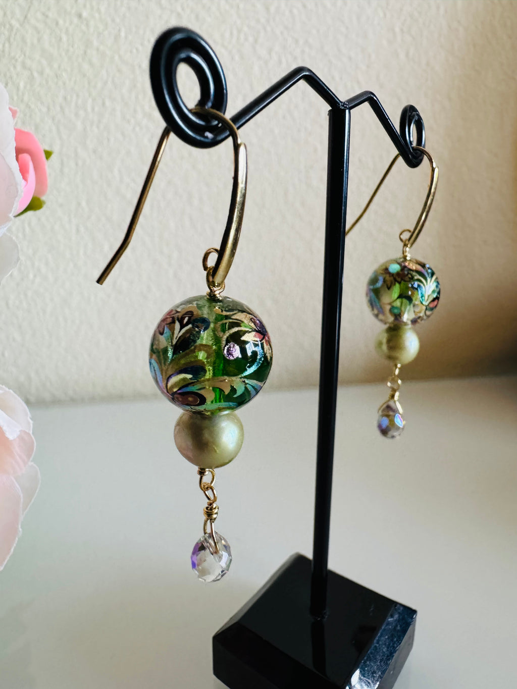 Japanese Tensha Beads Green Freshwater Pearl Round and Crystal Drop Earrings with Surgical Golden Stainless Hooks, Tarnish Free