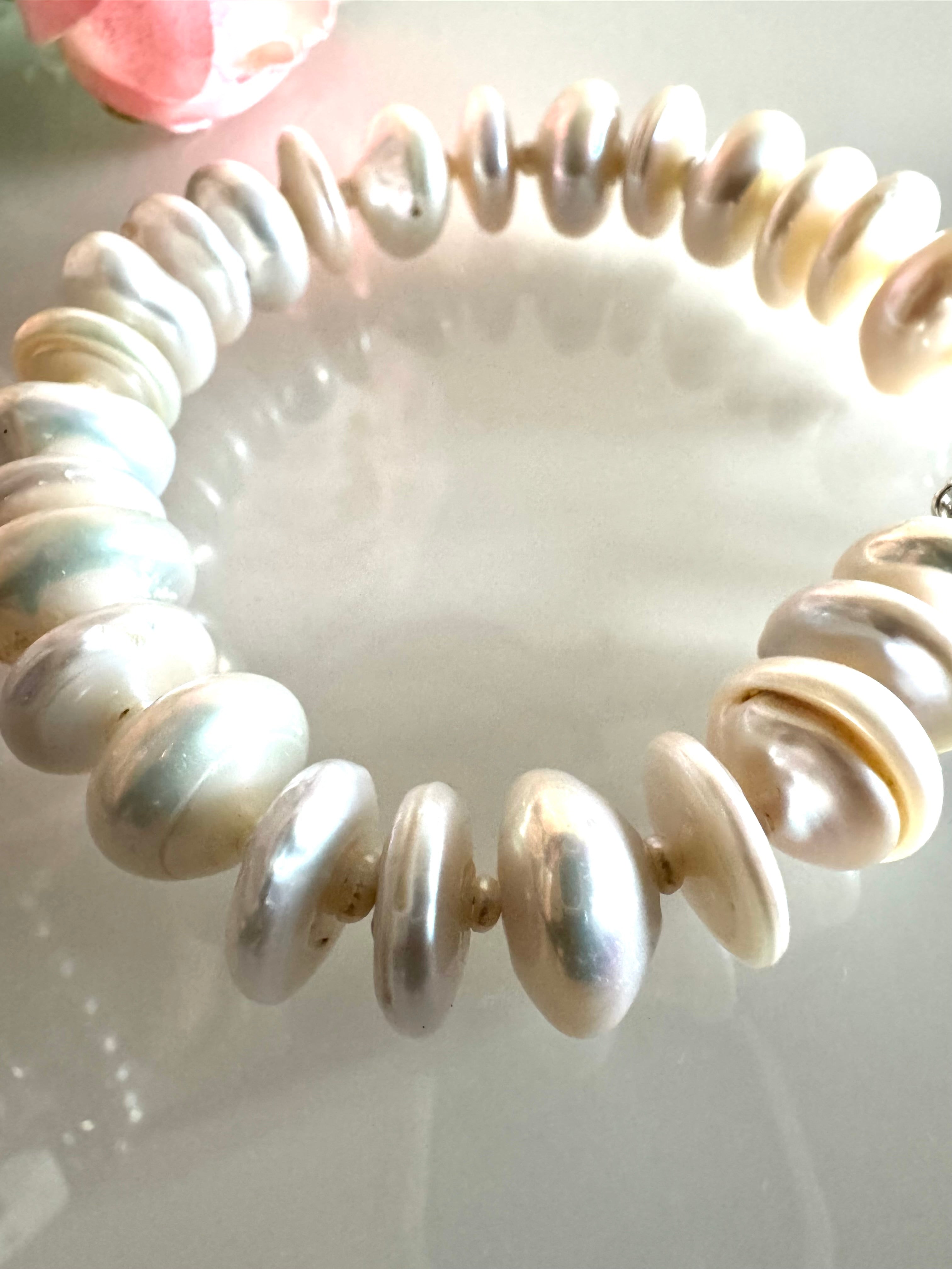Sterling silver freshwater coin shape pearl bracelet