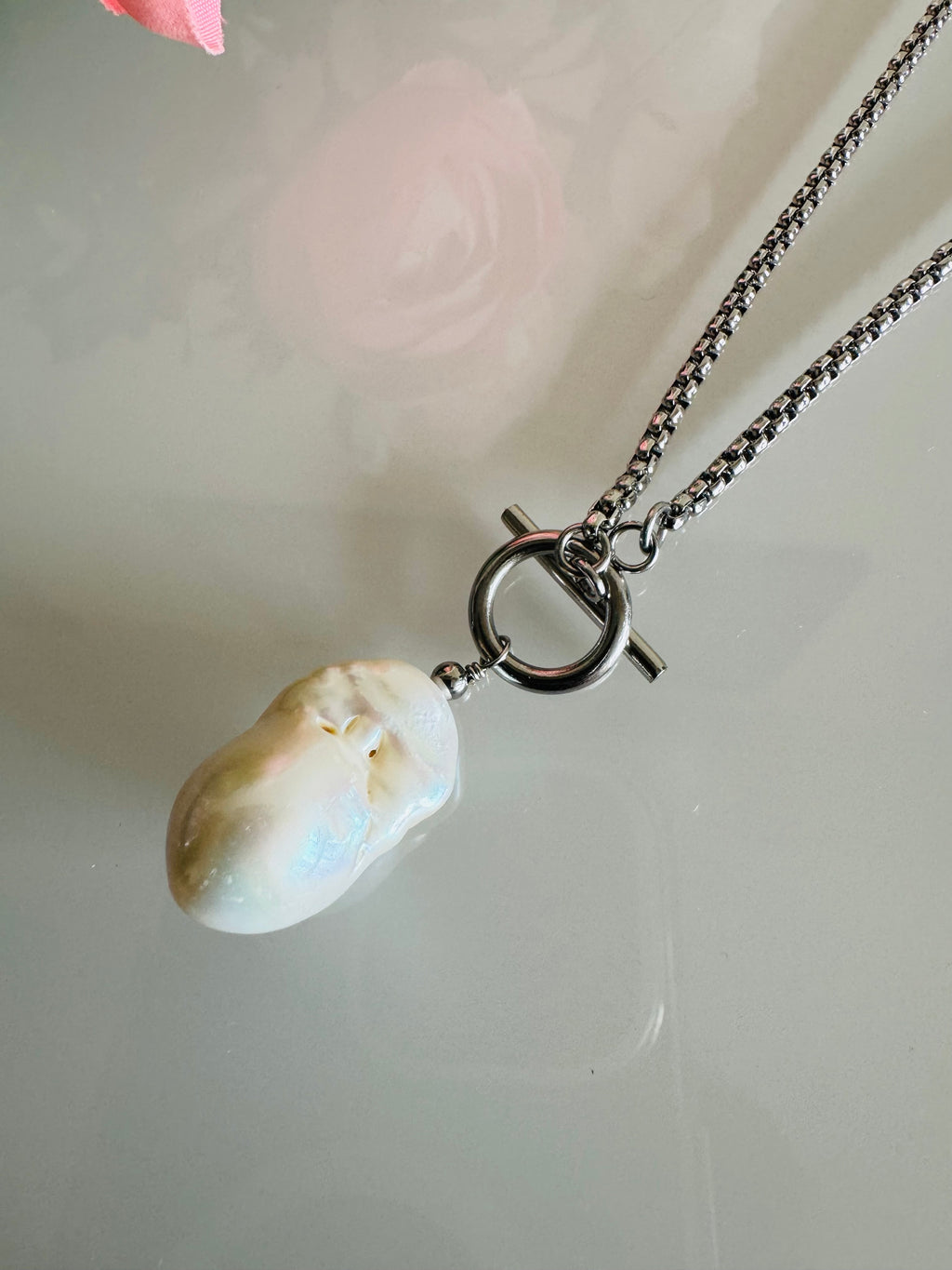 Handmade Freshwater Pearl Dangle Necklace, Surgical Stainless Steel Chain & Toggle, Tarnish Free Waterproof Jewellery, Minimalist