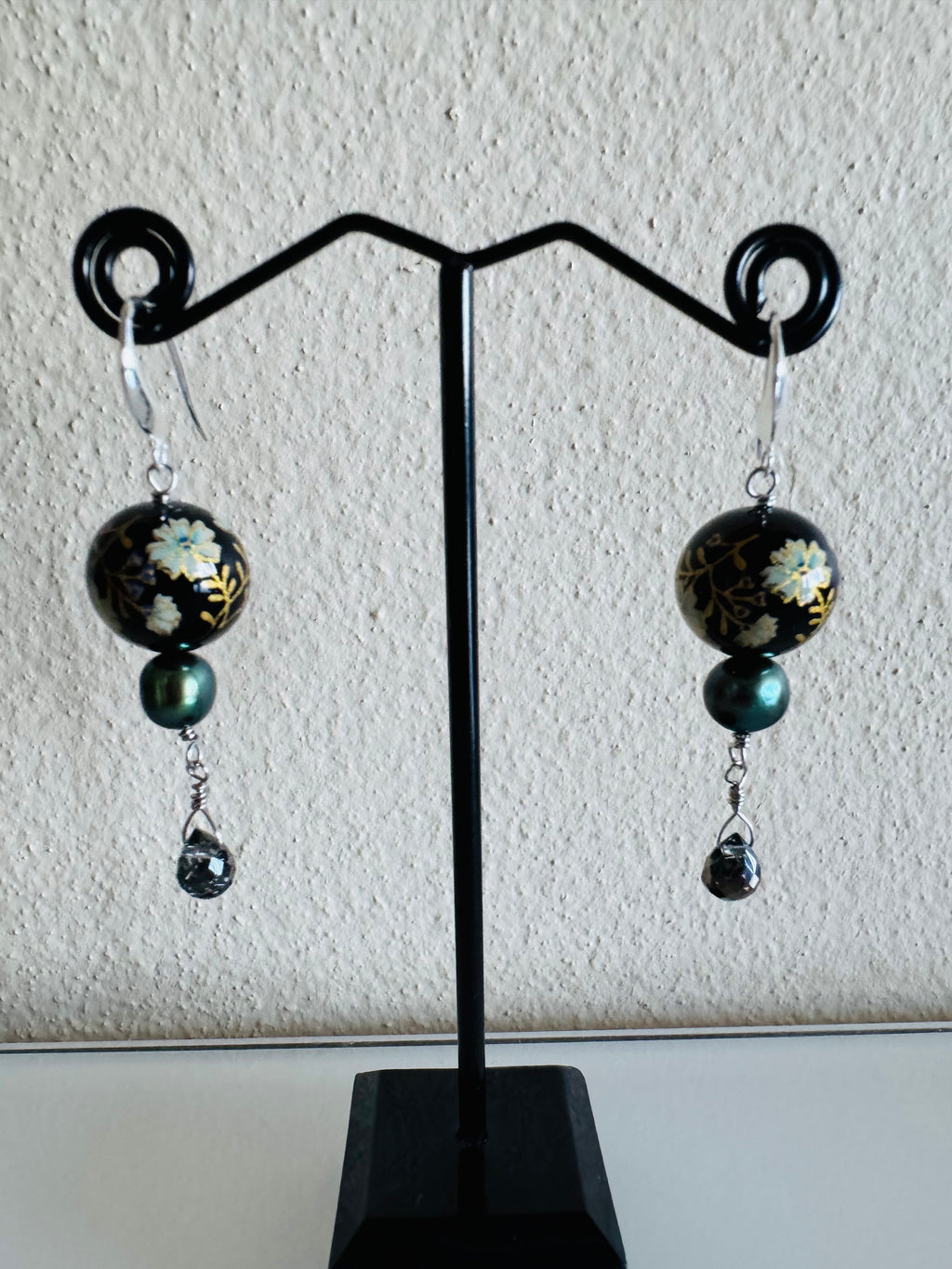 Japanese Tensha Bead Earrings, Sterling Silver Freshwater Black Pearl Dangle Earrings, Crystal Glass, Handmade Floral Drop Jewellery