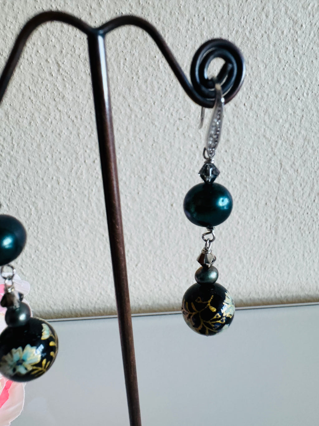 Japanese Tensha Bead Earrings, Sterling Silver Freshwater Black Pearl Dangle Earrings, Swarovski Crystal, Handmade Floral Drop Jewellery
