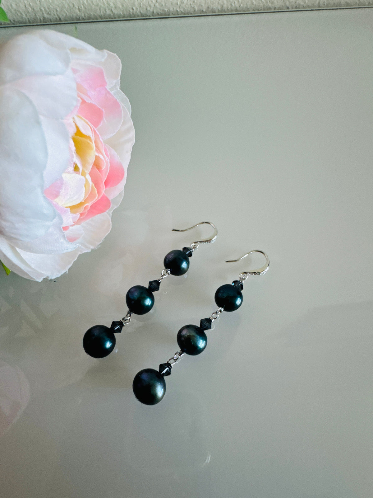 Black Freshwater Off Round Pearl Drop Trilogy Earrings With 925 Silver Hooks, Swarovski Crystals, Dangle Earrings, Anniversary Gift,