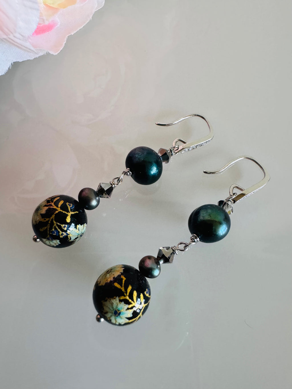 Japanese Tensha Bead Earrings, Sterling Silver Freshwater Black Pearl Dangle Earrings, Swarovski Crystal, Handmade Floral Drop Jewellery