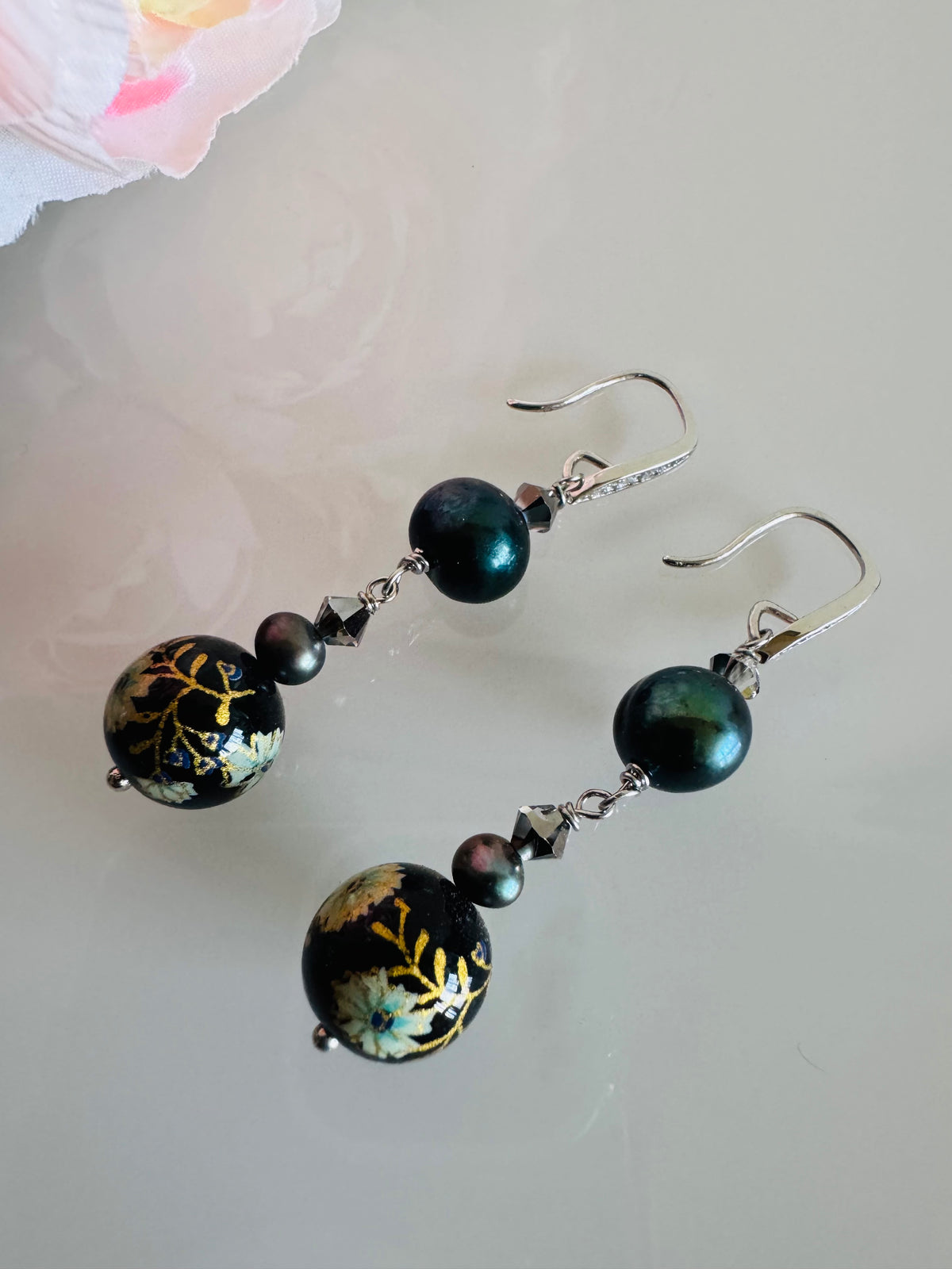 Japanese Tensha Bead Earrings, Sterling Silver Freshwater Black Pearl Dangle Earrings, Swarovski Crystal, Handmade Floral Drop Jewellery