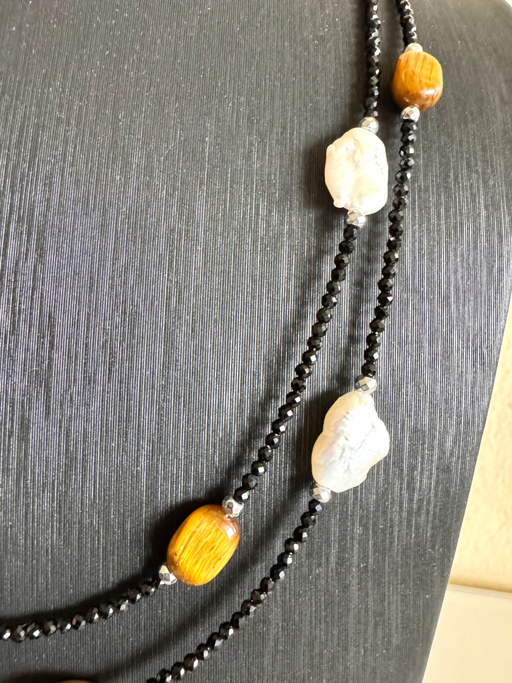 Black spinel, Tiger’s eye, freshwater pearl and hematite long necklace plus shorten clasps 