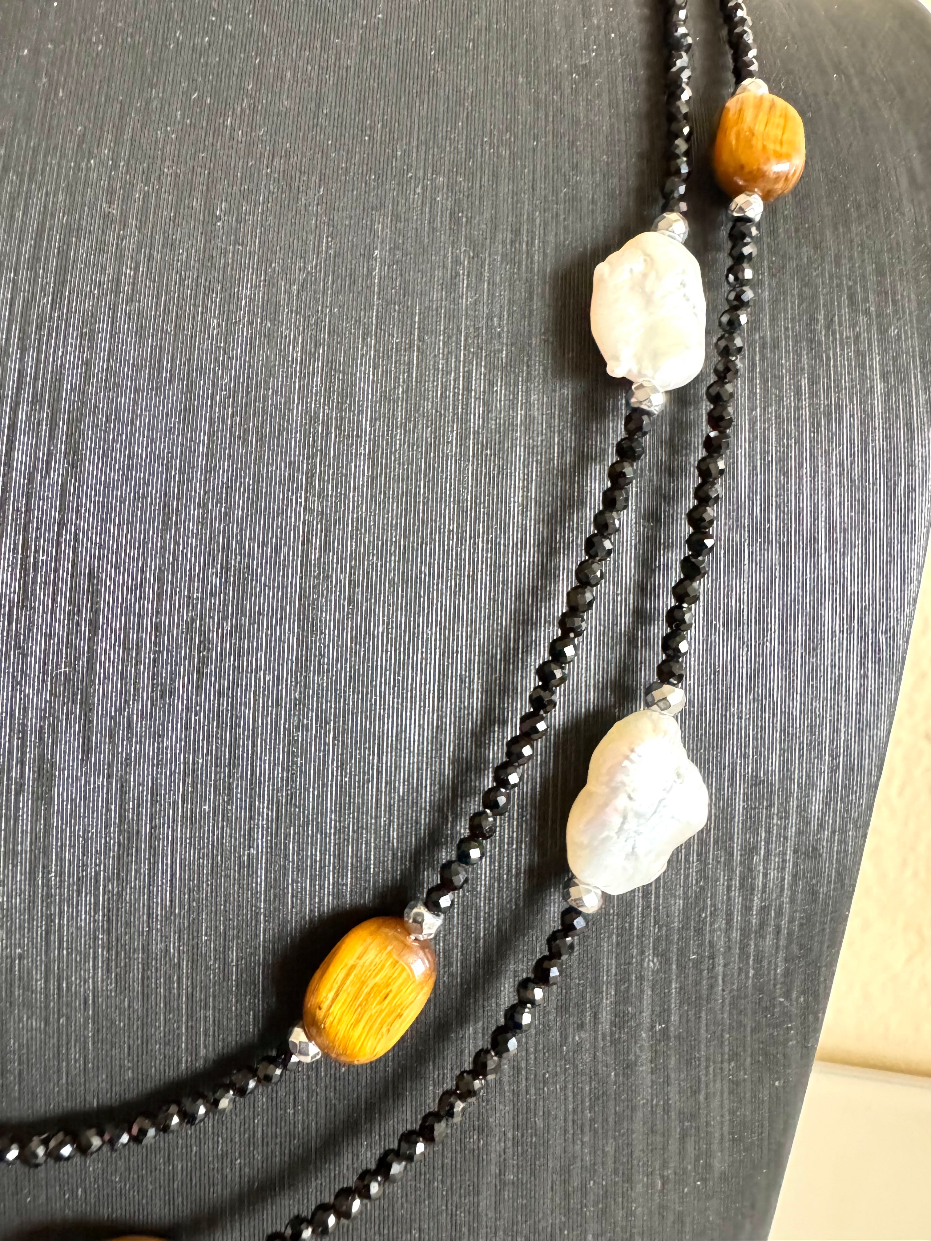 Black spinel, Tiger’s eye, freshwater pearl and hematite long necklace plus shorten clasps 