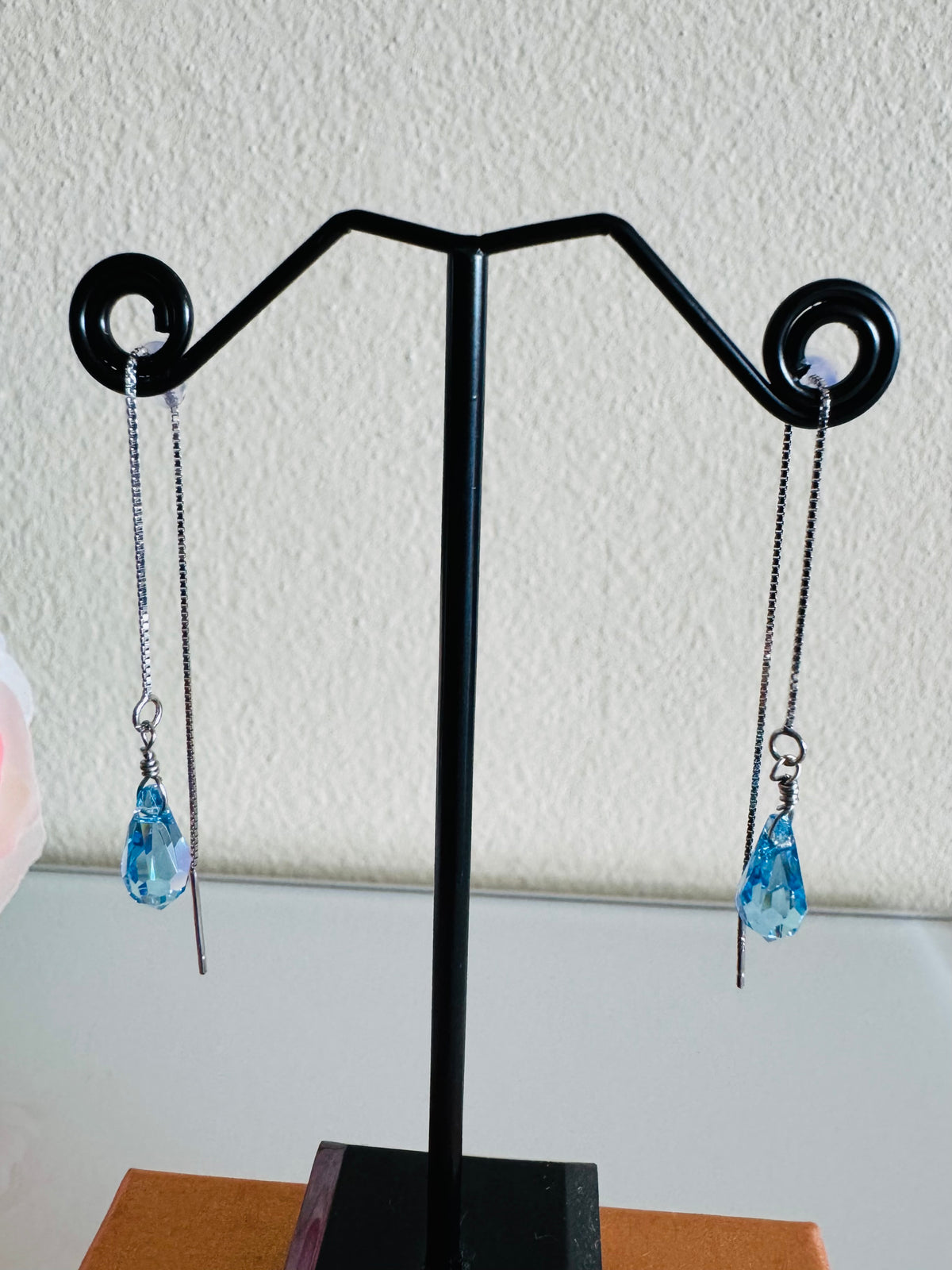 Swarovski Crystal Drop Earrings, Sterling Silver Aqua Blue Dangle Chain Earrings, Handmade Australian Jewellery, Rodium Plated Silver