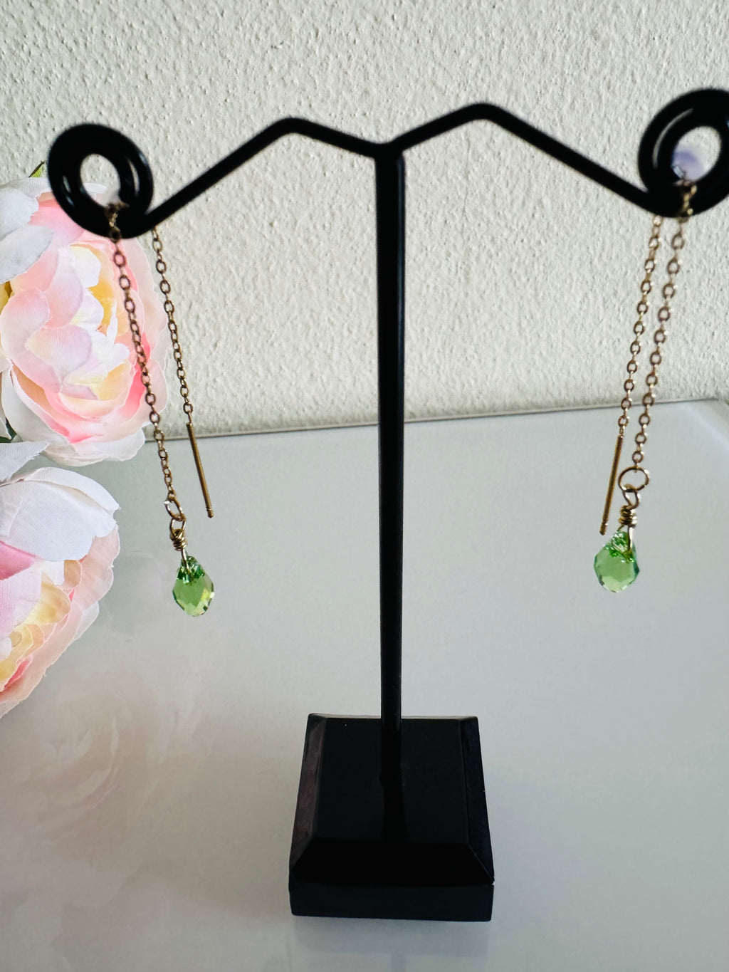 Swarovski Crystal Drop Earrings, Surgical Stainless Gold Dangle Chain Earrings, Handmade Australian Jewellery, Peridot Green Colour