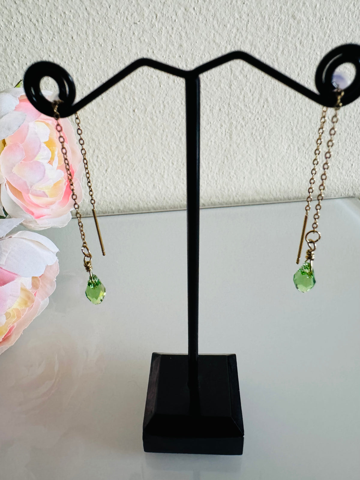 Swarovski Crystal Drop Earrings, Surgical Stainless Gold Dangle Chain Earrings, Handmade Australian Jewellery, Peridot Green Colour