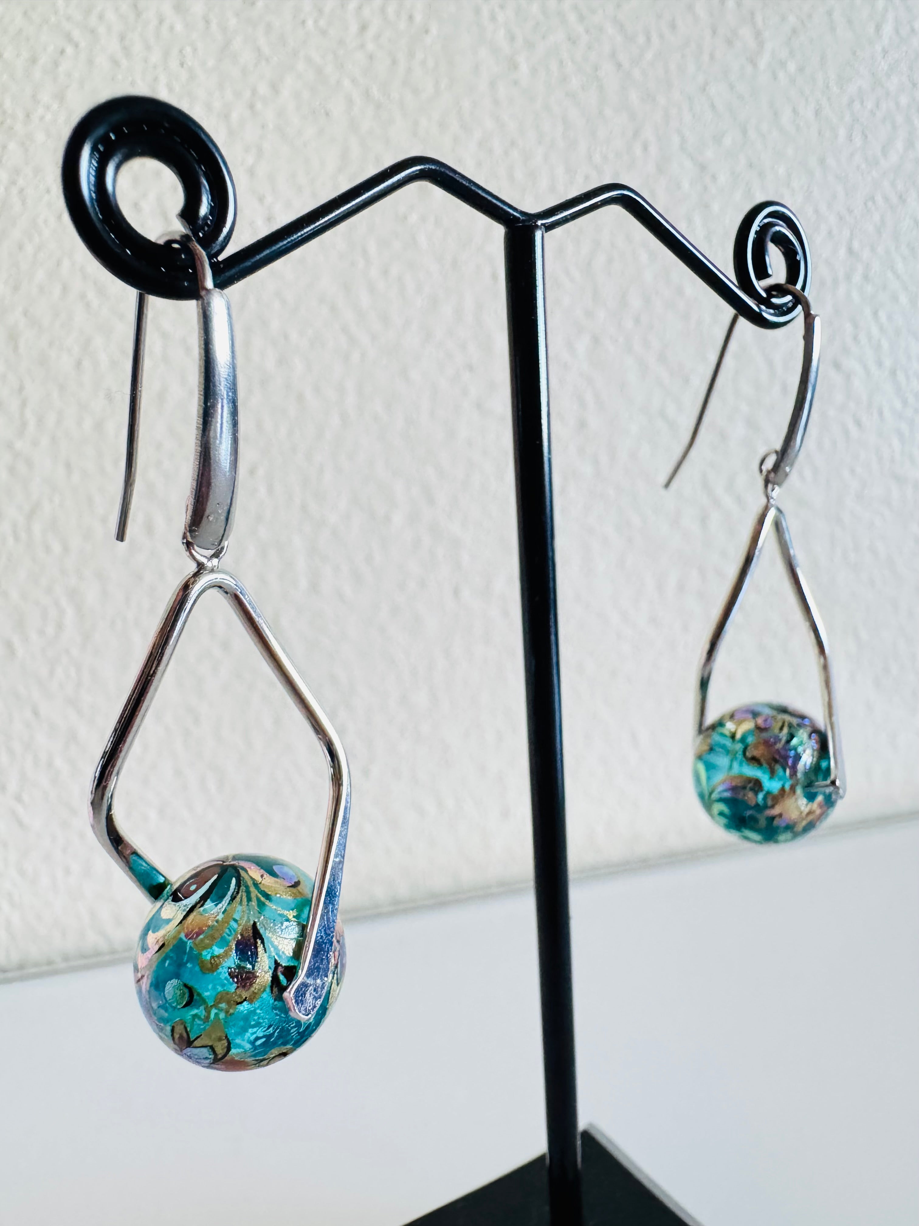 Japanese Tensha Beads Earrings - Aqua Floral Wave | Stainless Steel Hooks