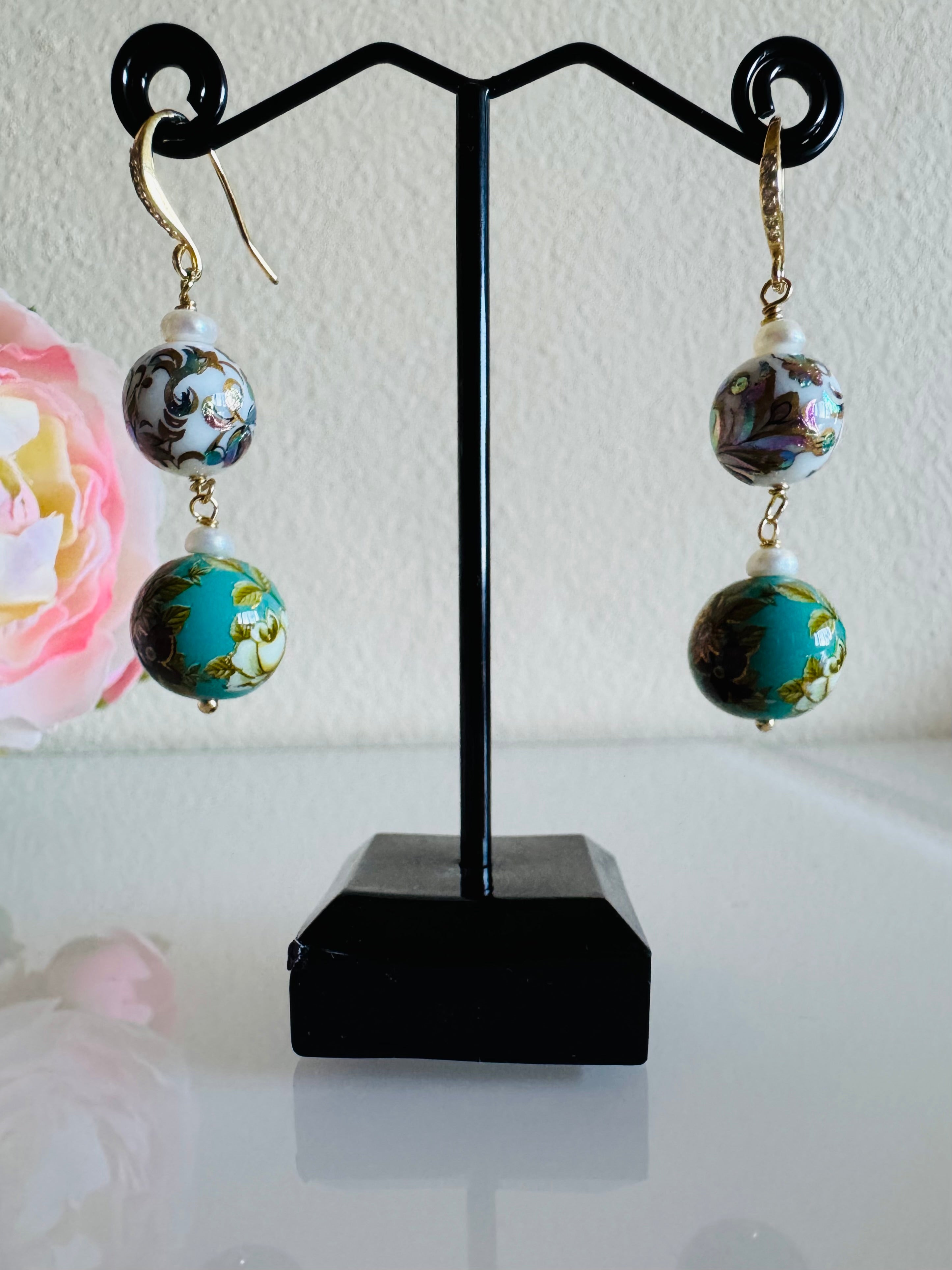 Japanese tensha beads and freshwater pearl earrings with Sterling Silver gold plated hooks