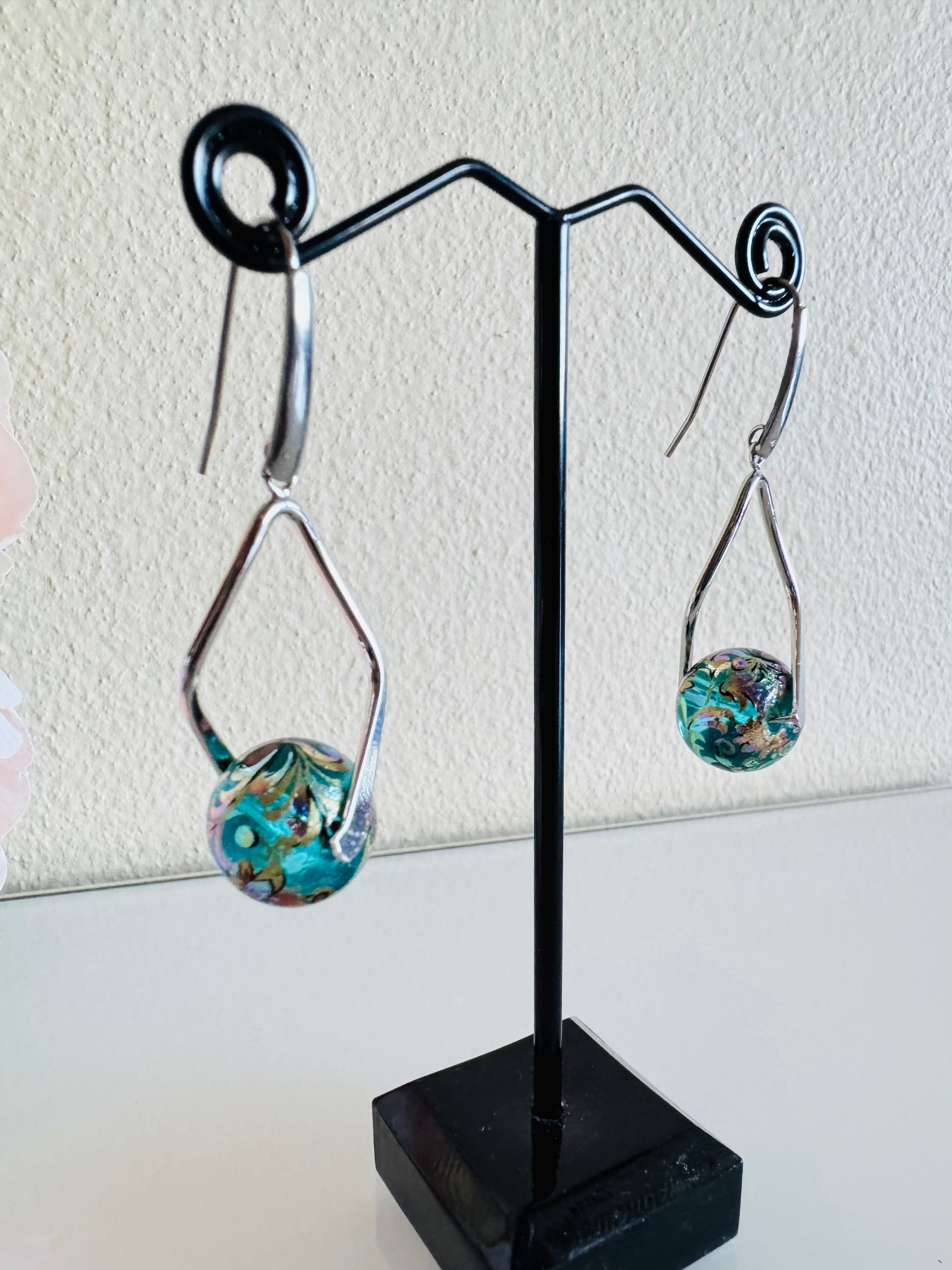 Japanese Tensha Beads Earrings - Aqua Floral Wave | Stainless Steel Hooks